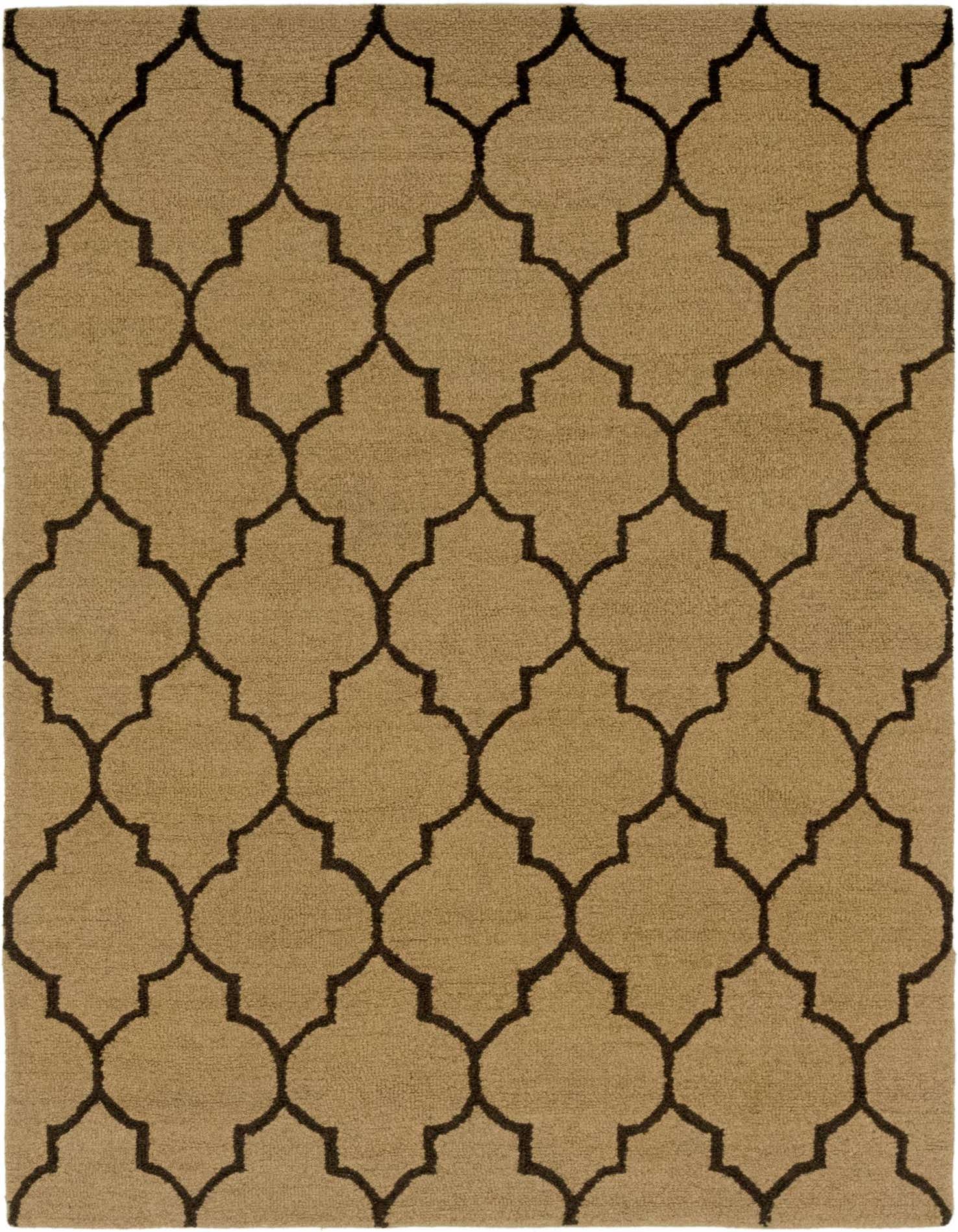 A 5x8 rectangular Luna Collection rug in brown and tan with a high pile geometric pattern, ideal for living rooms.