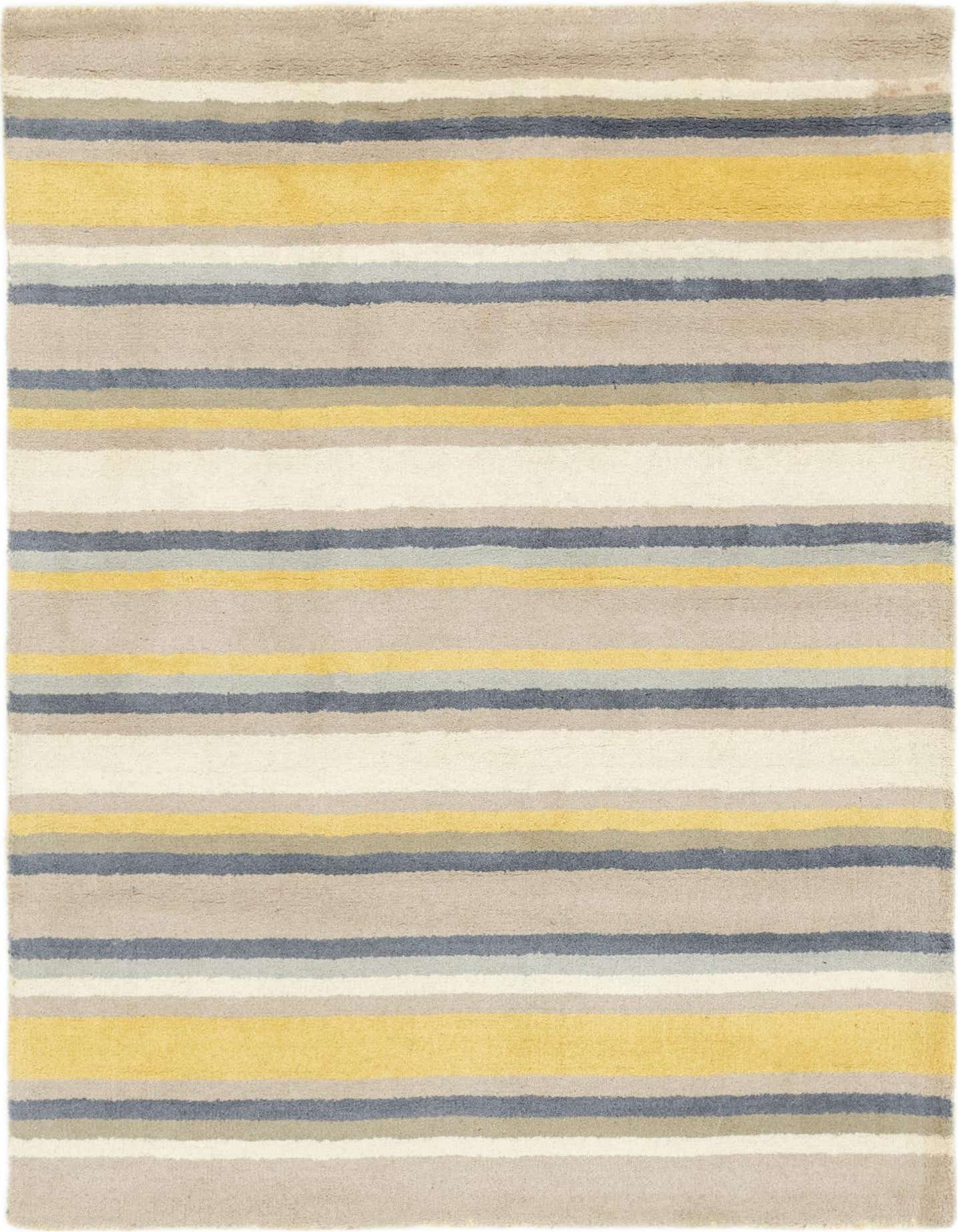 A 4x6 rectangular Luna rug featuring modern stripes in varying shades of brown, tan, ivory, cream, and muted yellow.