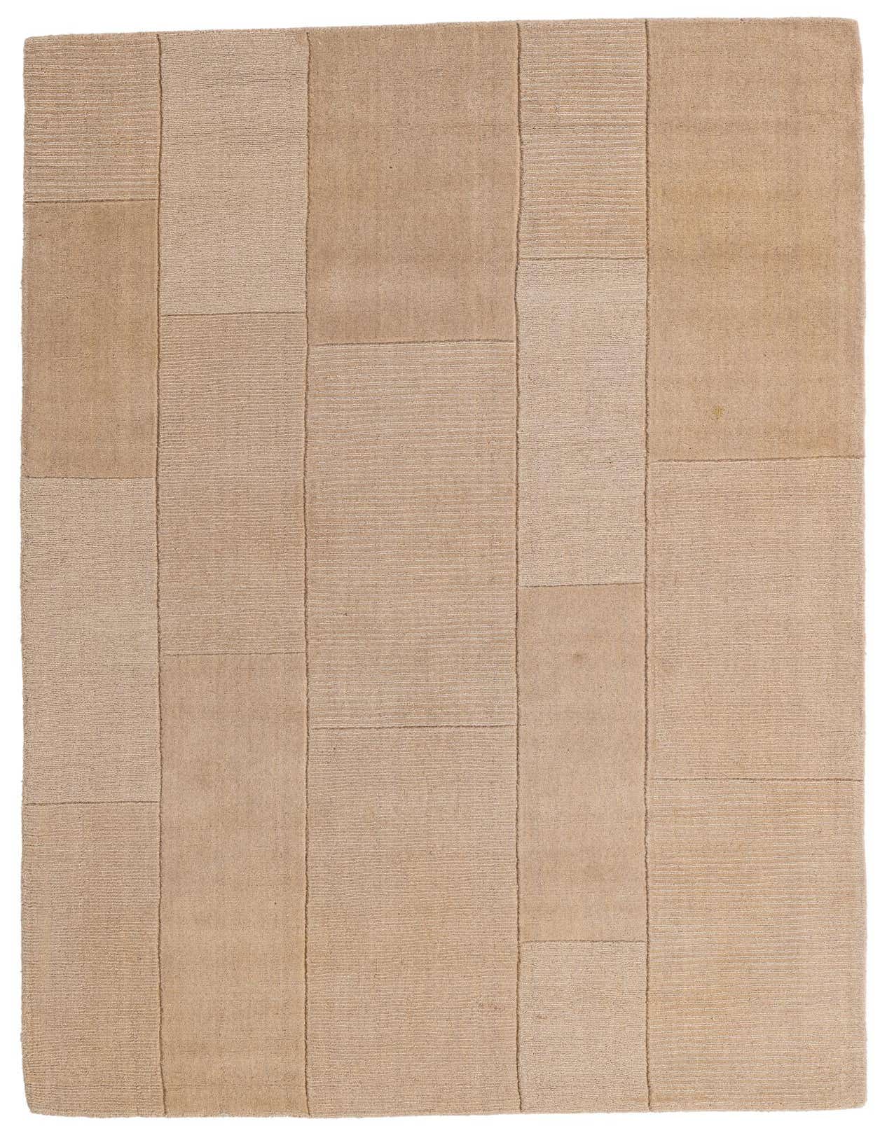 A 5x8 rectangular Luna collection rug featuring a modern patchwork design in varying shades of brown and tan, made from wool and cotton.