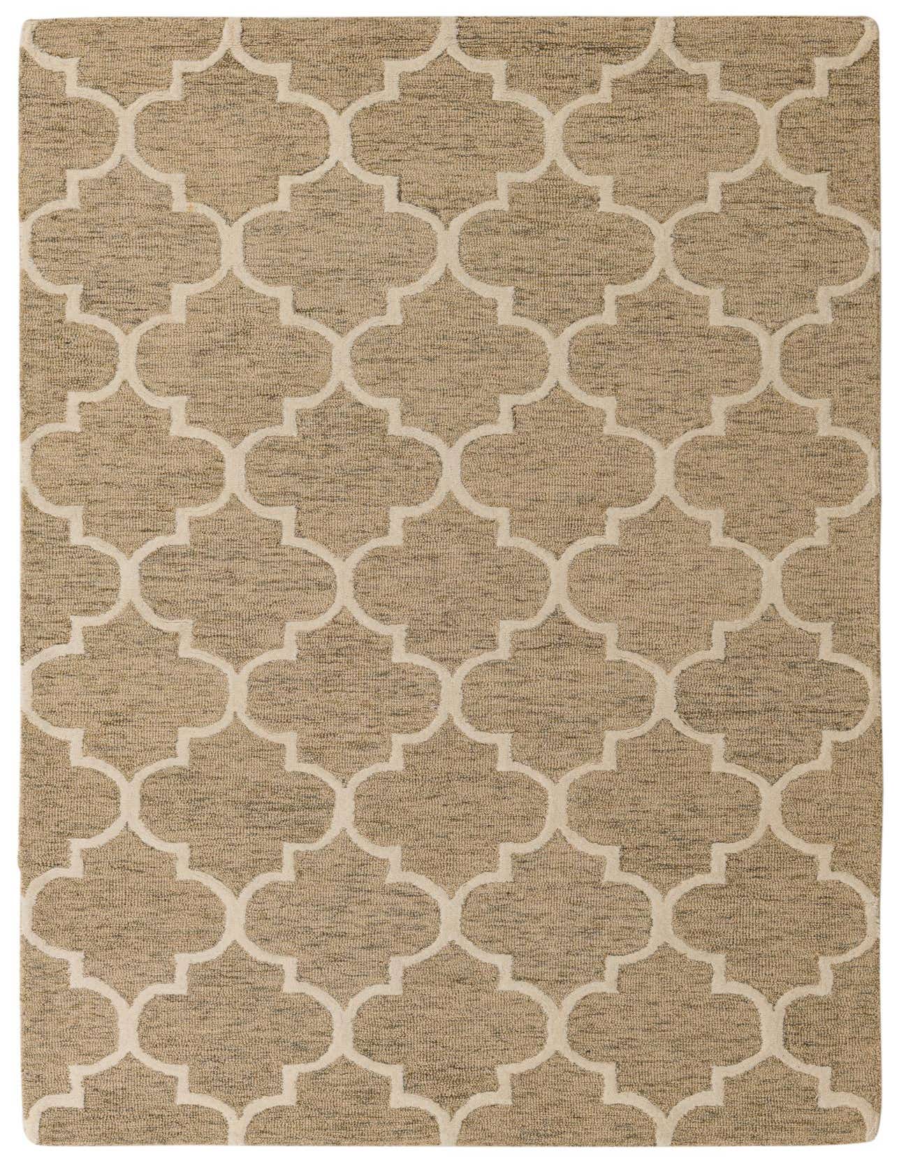 A 5x8 rectangular Luna Collection rug with a modern abstract pattern in shades of brown, tan, and ivory.