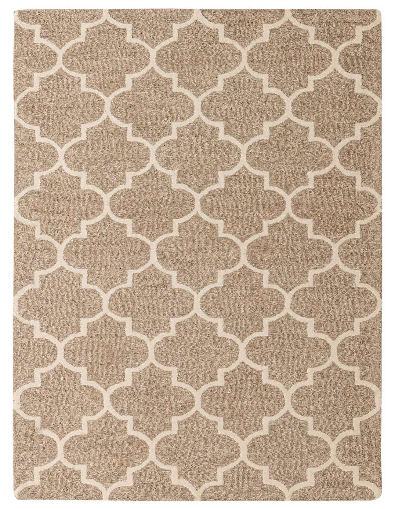 A rectangular 5x8 Luna Collection rug with a high pile, featuring a modern abstract quatrefoil pattern in brown and ivory.