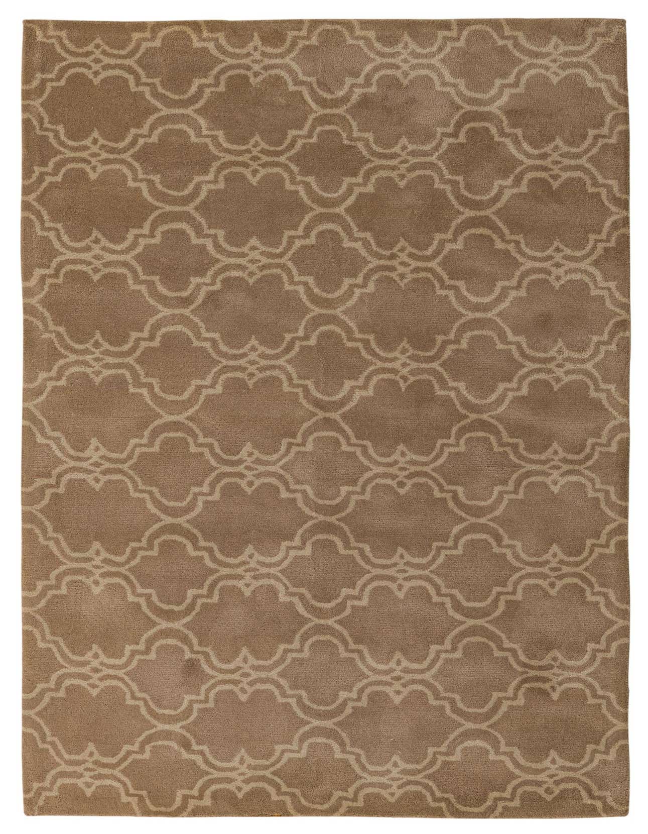 A 5x8 rectangular Luna Collection wool rug in varying shades of brown and tan, featuring a modern geometric quatrefoil pattern.