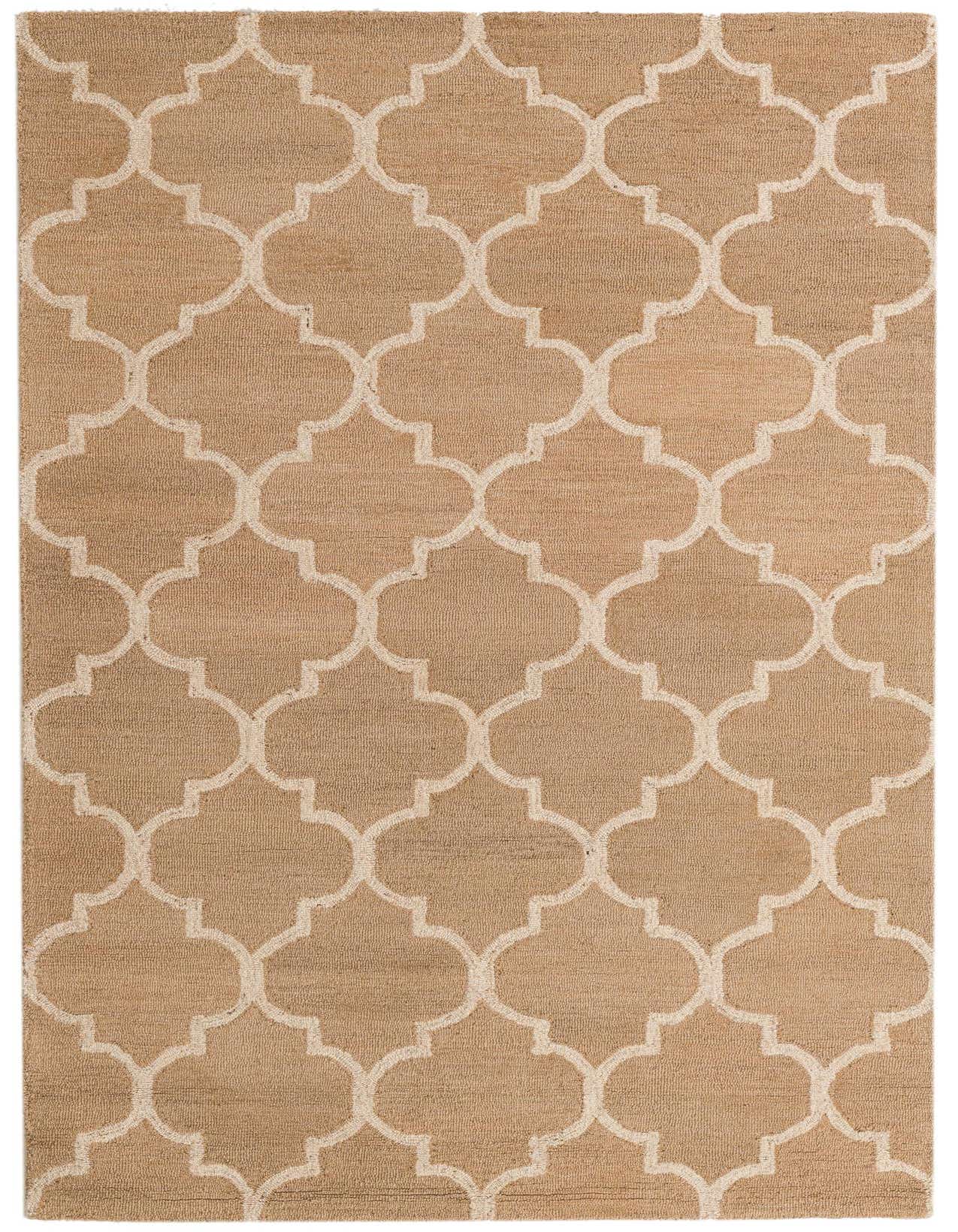 A rectangular 5x8 Luna Collection rug in brown and ivory, featuring a modern abstract quatrefoil pattern.