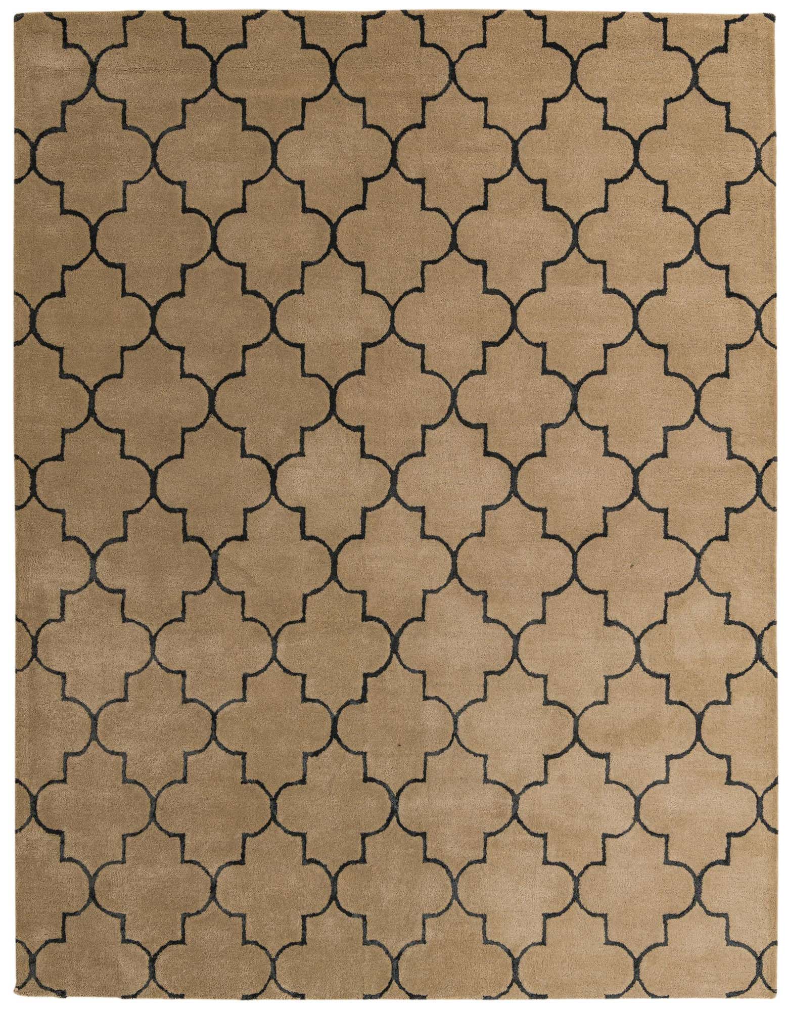 A rectangular 8x10 Luna Collection wool rug featuring a repeating dark brown quatrefoil pattern on a light tan background.