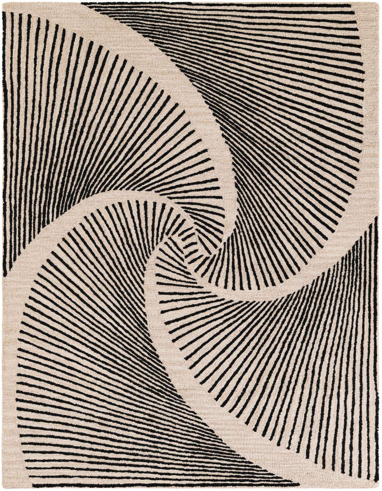 A 4x6 rectangular Luna rug featuring a modern abstract design with swirling black lines on a cream background, suitable for a living room.