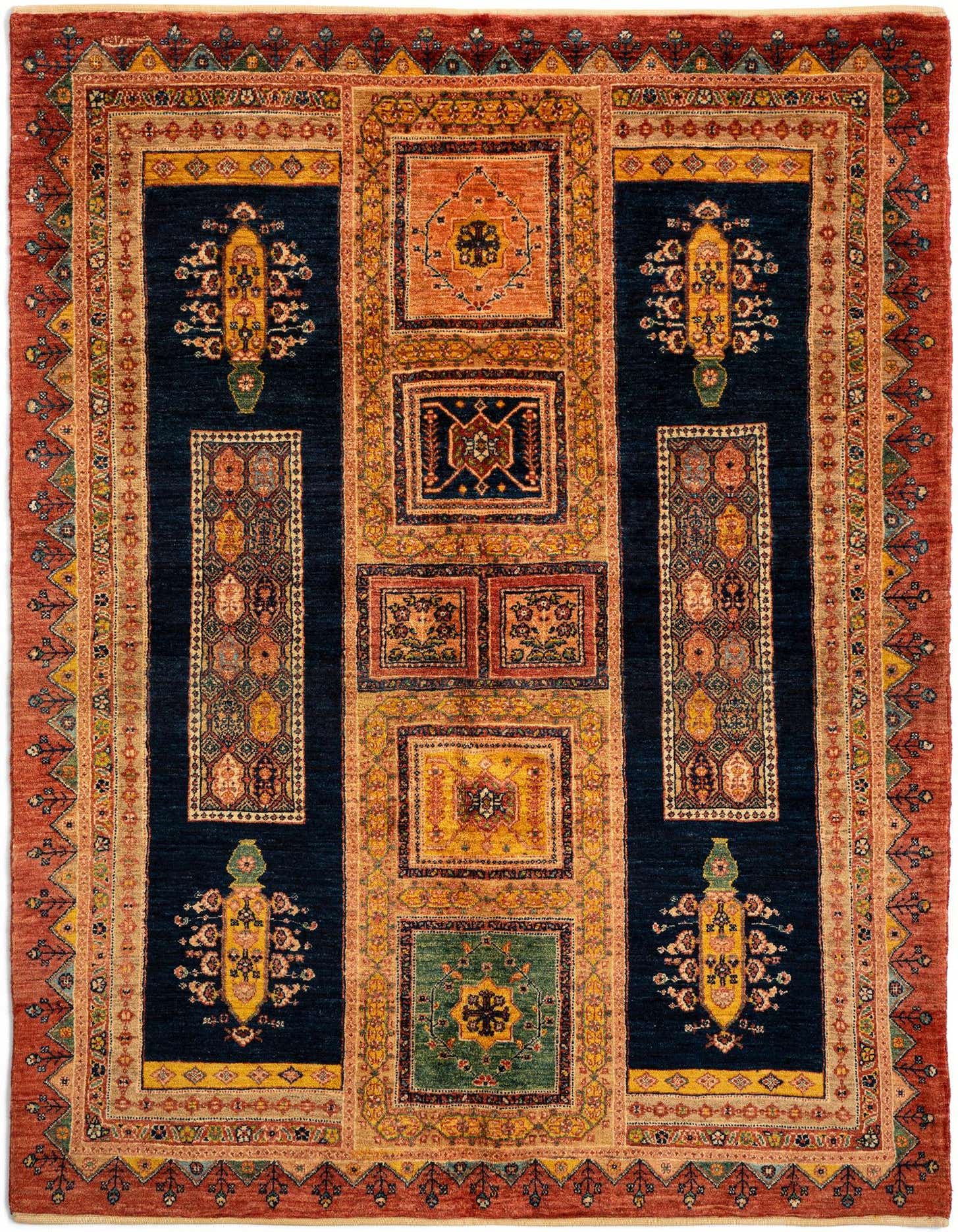 A rectangular 4x6 Luribaft Persian rug with a deep navy field, intricate floral motifs, and a rich red-brown border.