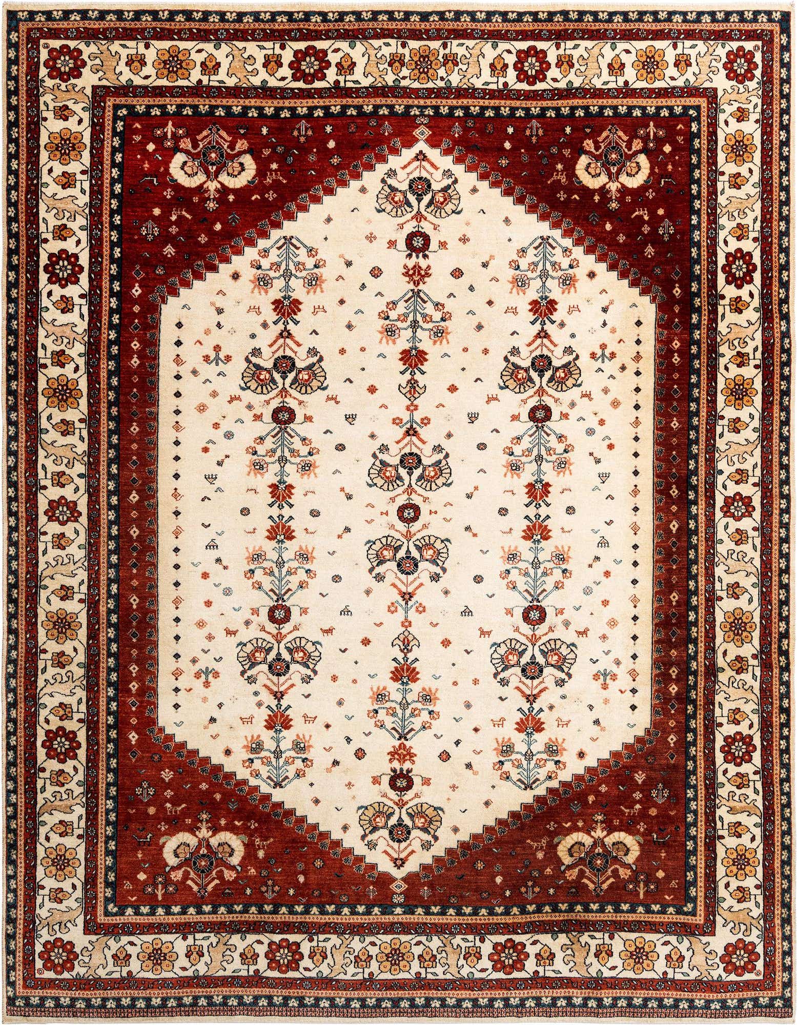 A handmade rectangular Persian rug featuring a cream central medallion with floral motifs, bordered by rich brown and intricate floral patterns.
