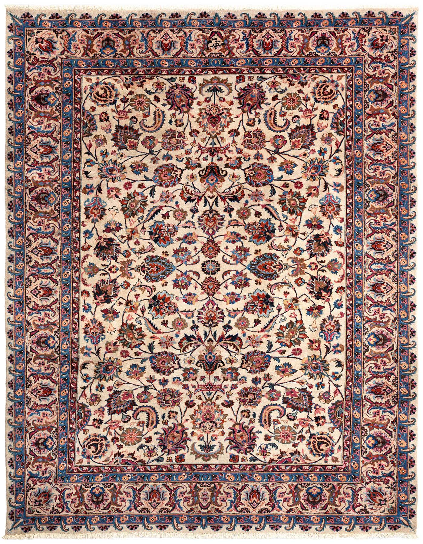 An 8x11 rectangular Persian rug with a cream field and intricate floral patterns in browns, tans, blues, and reds, bordered by a detailed blue and red design.