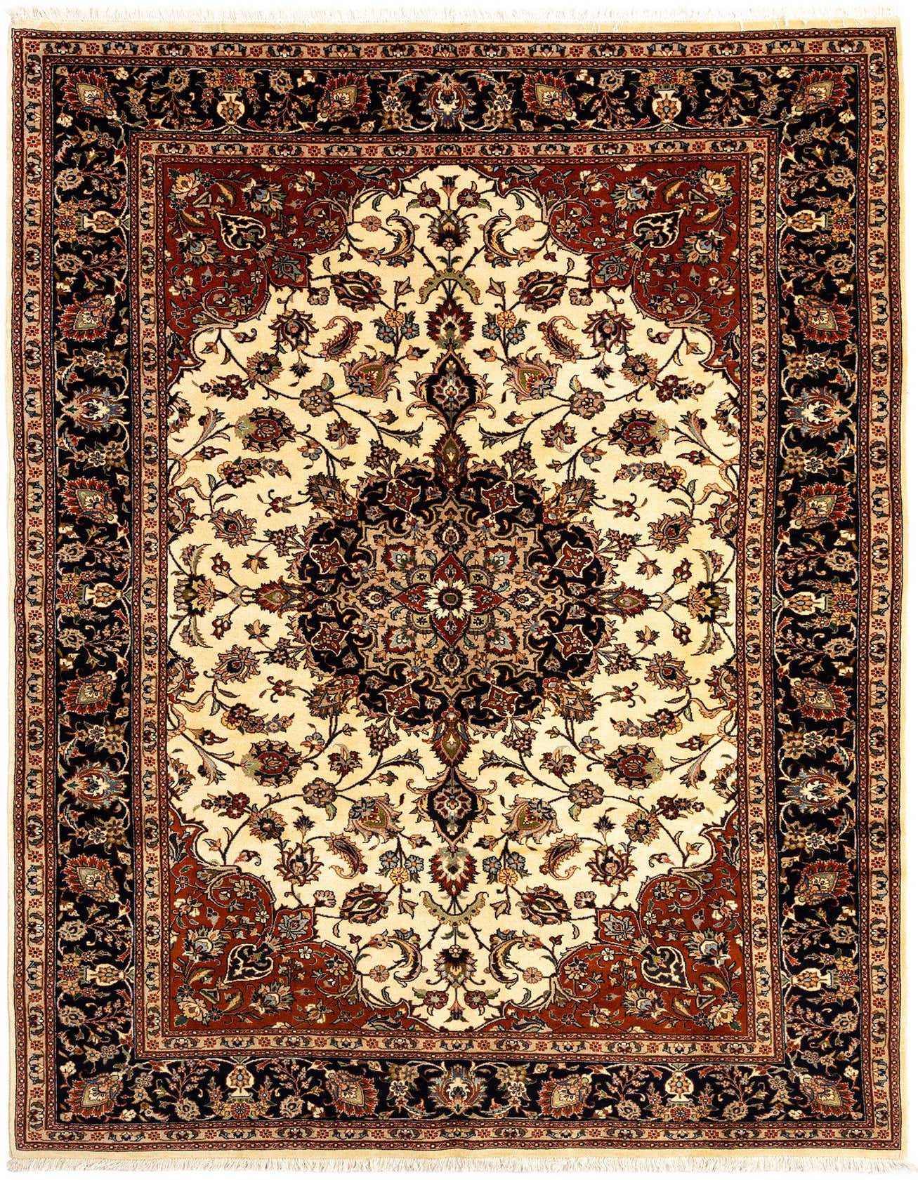 A 6x9 rectangular Persian rug with an ivory and cream field, featuring a central medallion and intricate floral patterns in browns, tans, and black, framed by a dark border.