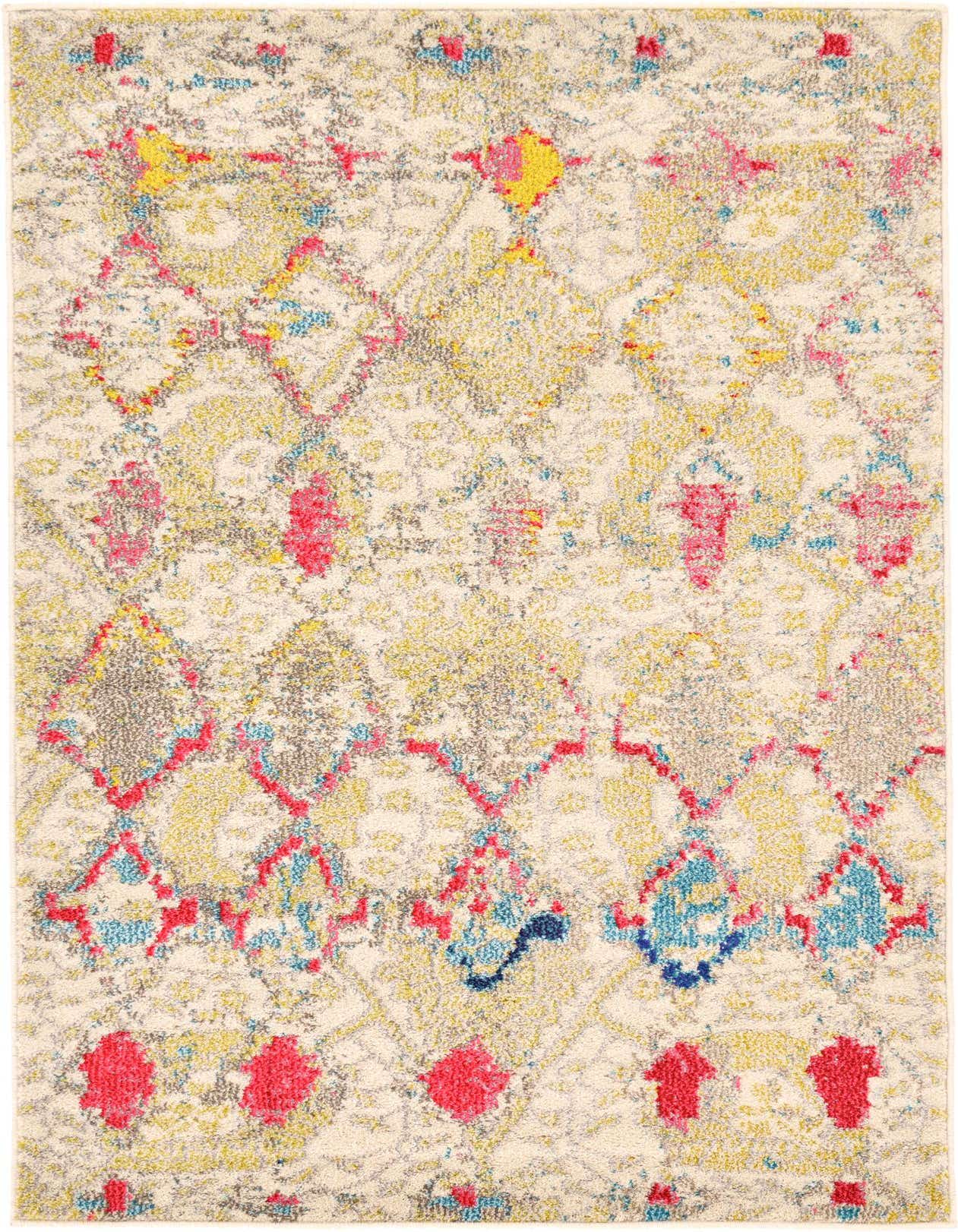 A 3x5 rectangular Mesa rug featuring a distressed bohemian trellis pattern in ivory, cream, brown, tan, and vibrant accents of red, yellow, and blue.