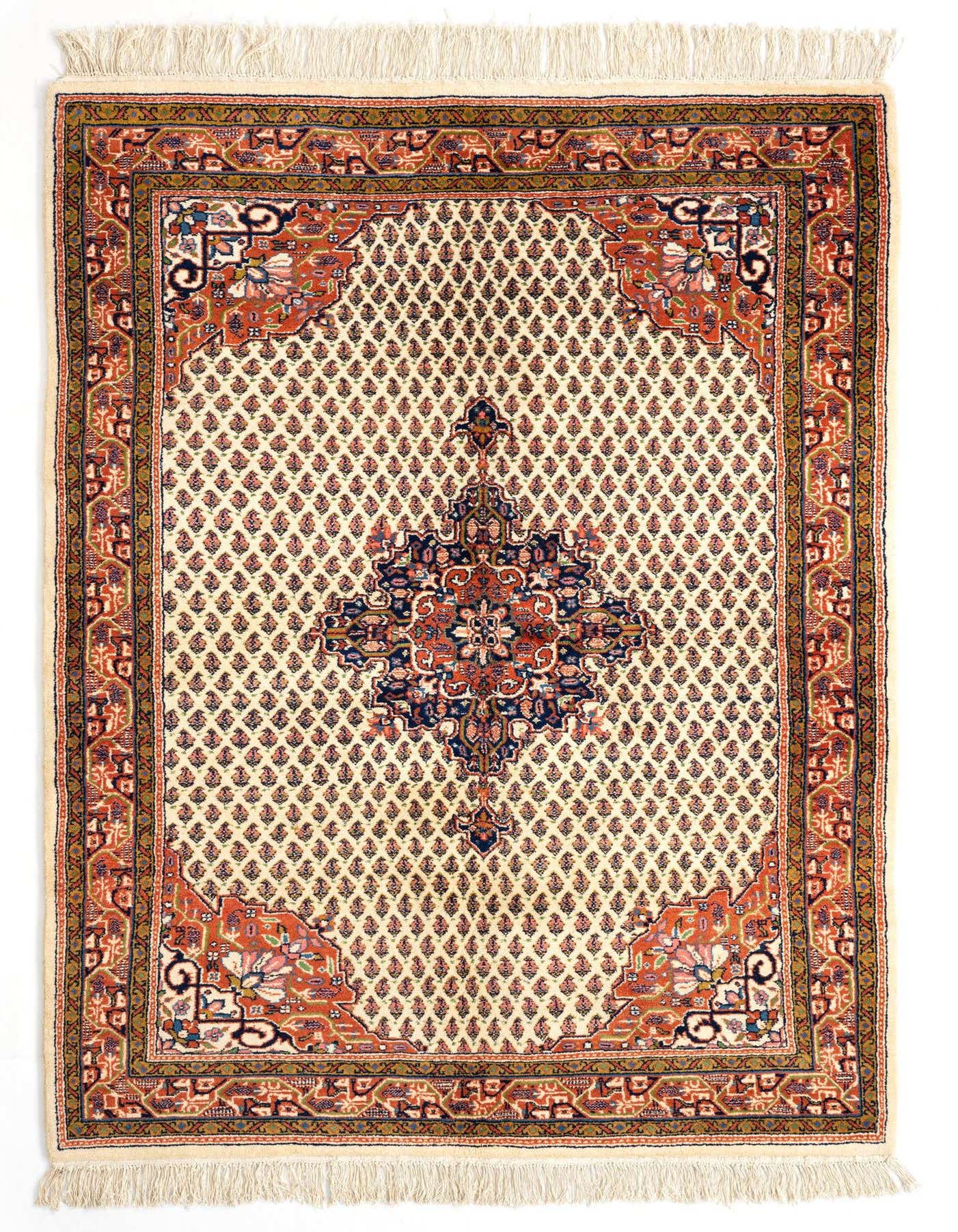 A 4x6 rectangular Mir Persian rug featuring a detailed ivory field with repeating brown and tan motifs, framed by an intricate border.
