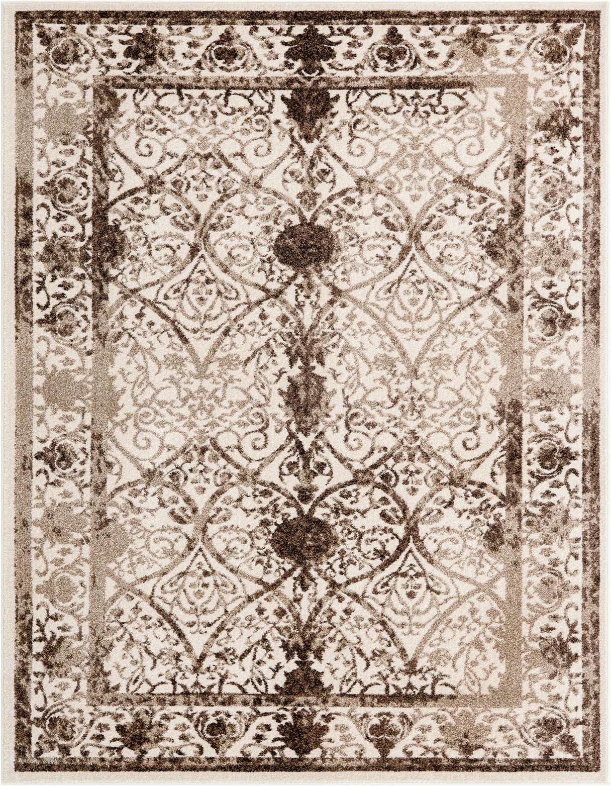 A 5x8 rectangular indoor rug with a traditional floral pattern in shades of brown, tan, and cream.