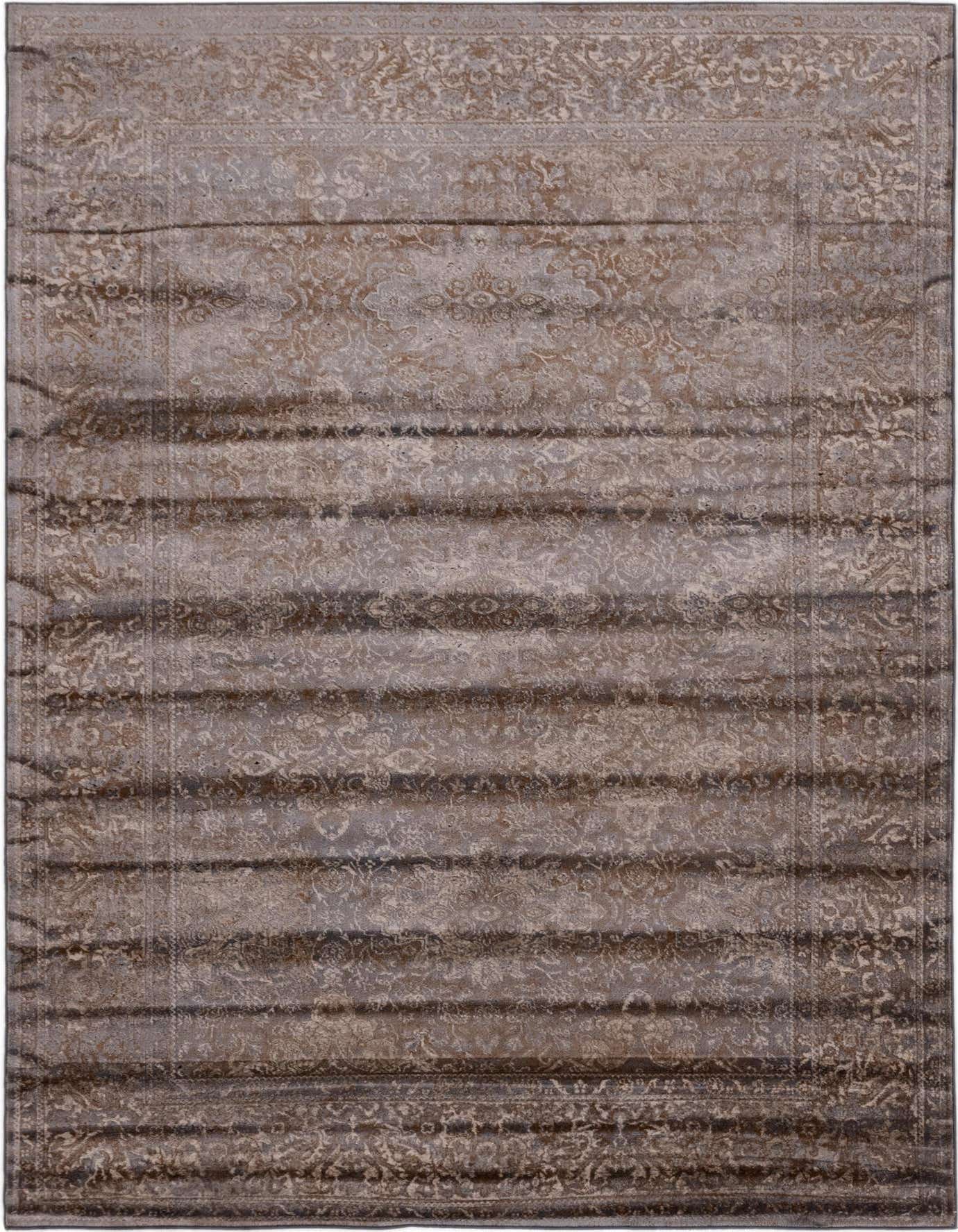 A 5x8 rectangular Modern Classical rug in shades of brown and tan, featuring a distressed traditional botanical pattern with textured pile.
