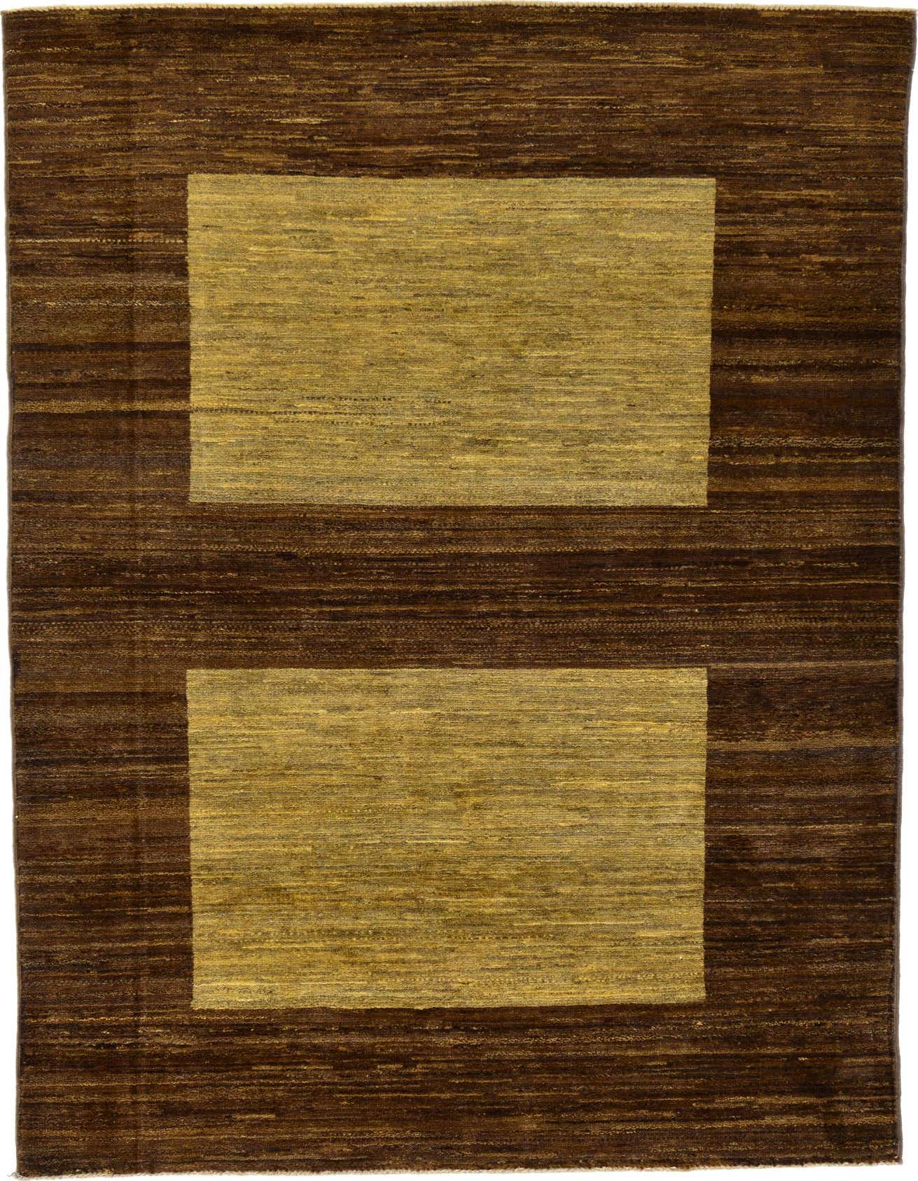 A 4x6 rectangular Rugs.com Modern Ziegler rug featuring a rich brown border and two tan rectangular panels.