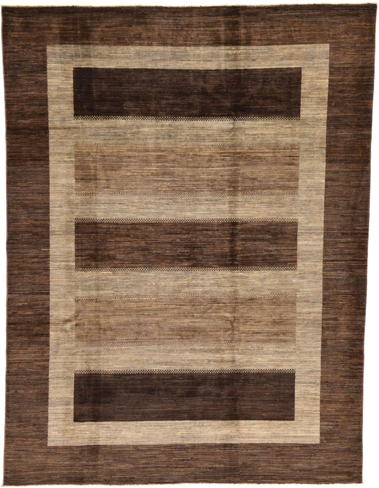 A 7x10 rectangular Modern Ziegler rug featuring a tribal stripe pattern in various shades of brown, tan, and cream.