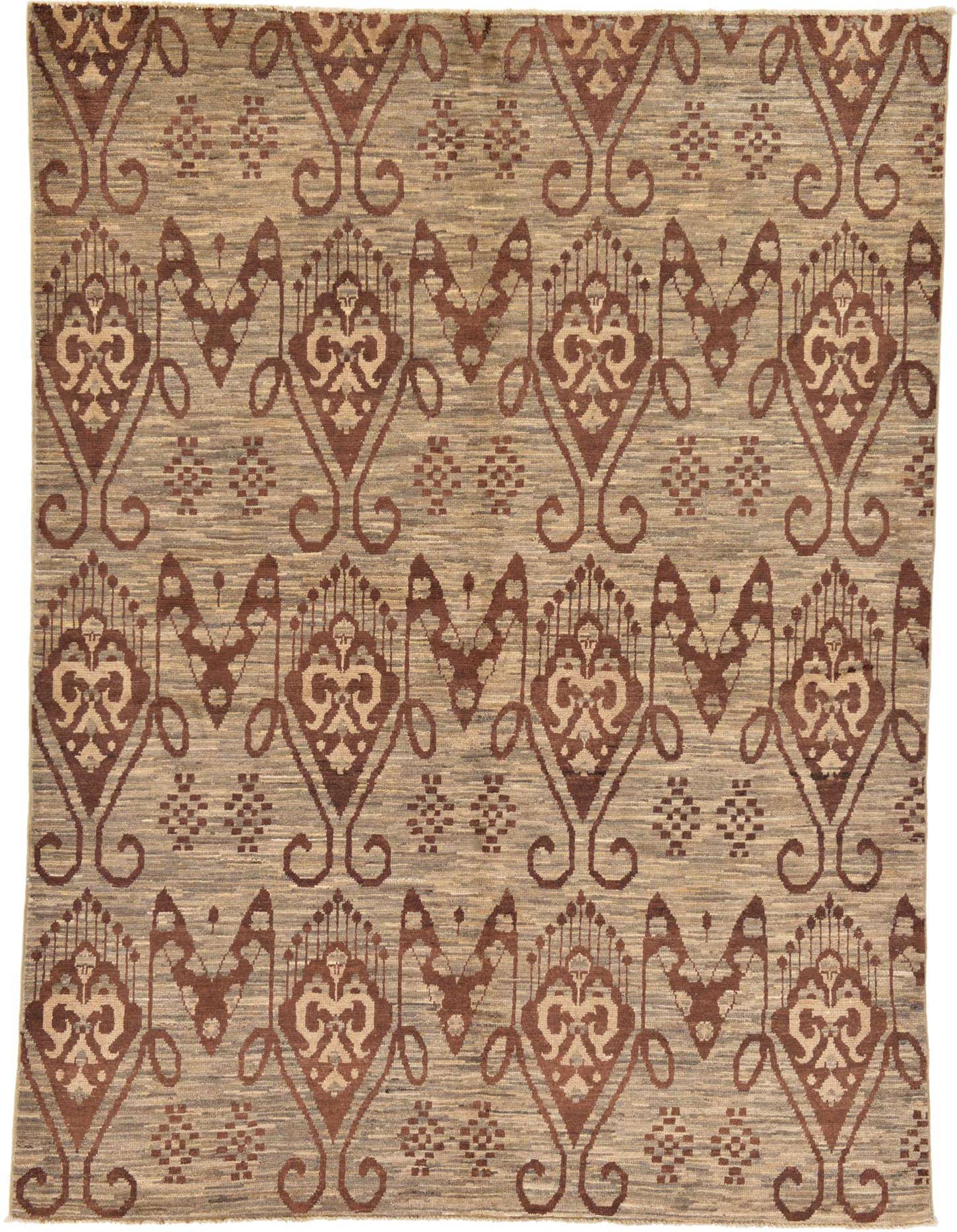 A 6x9 rectangular Modern Ziegler rug featuring a tribal pattern in shades of brown, tan, and cream.