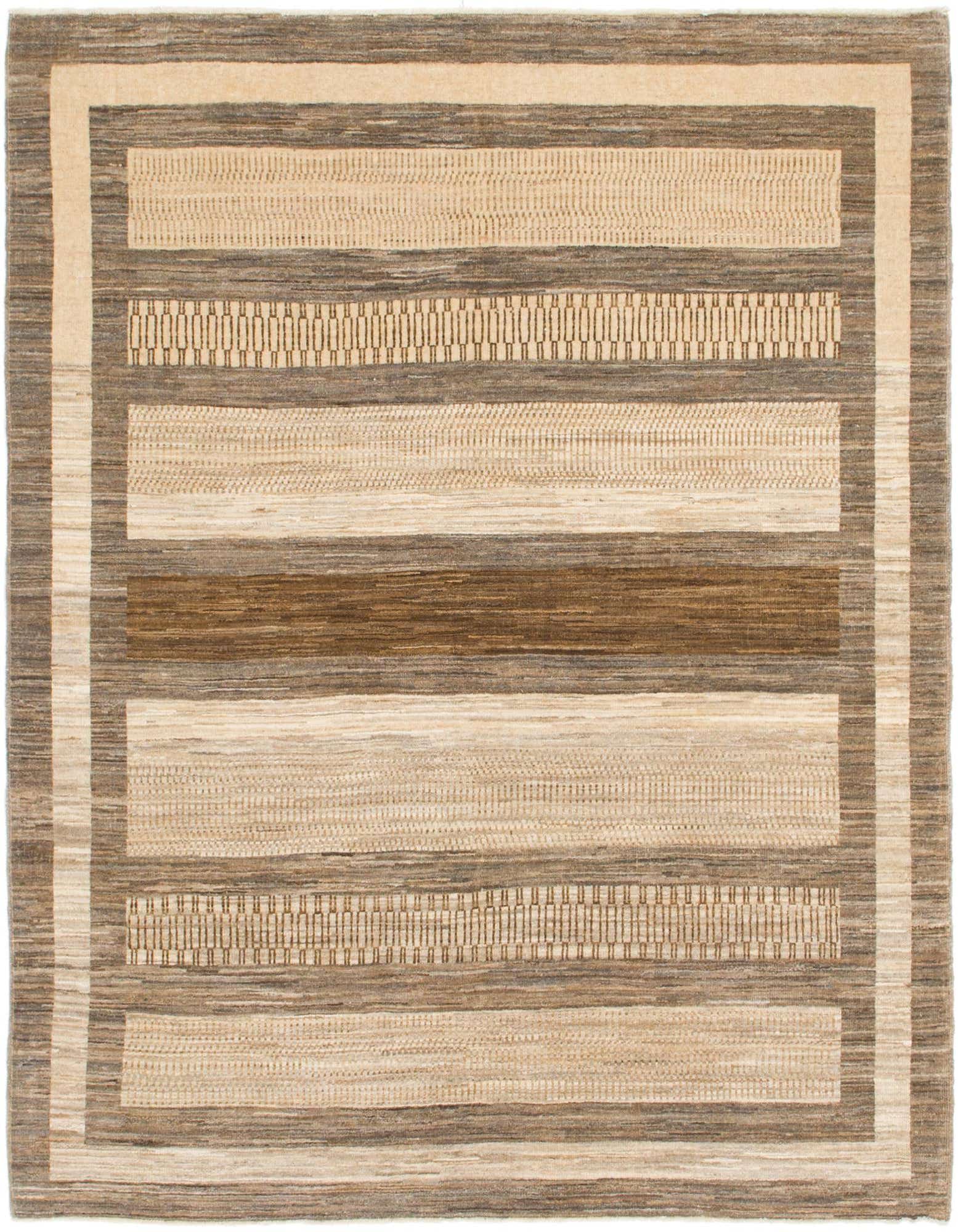 A 5x8 rectangular Modern Ziegler rug featuring horizontal stripes in varying shades of brown, tan, and cream, with subtle textured patterns.
