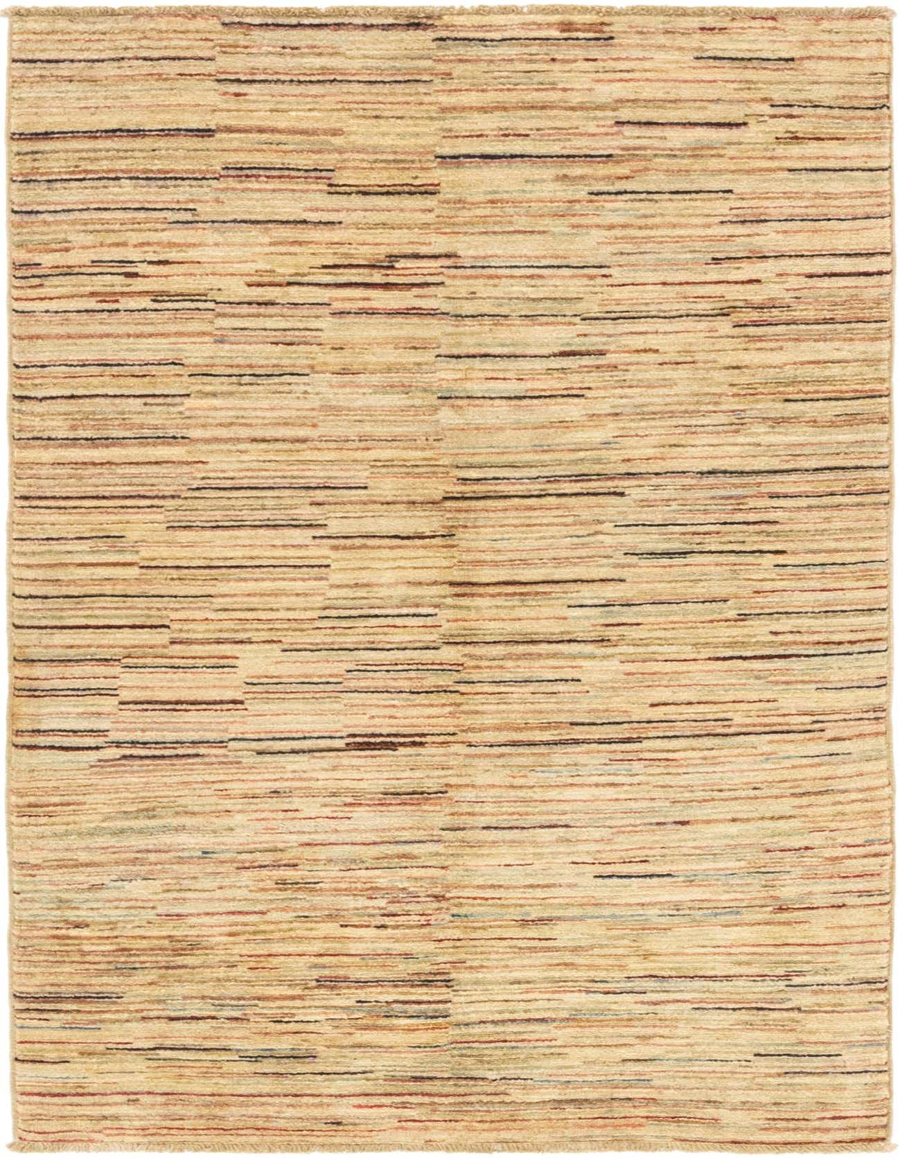 A 4x6 rectangular Modern Ziegler rug featuring a tan and cream background with horizontal stripes in various shades of brown, red, and blue.
