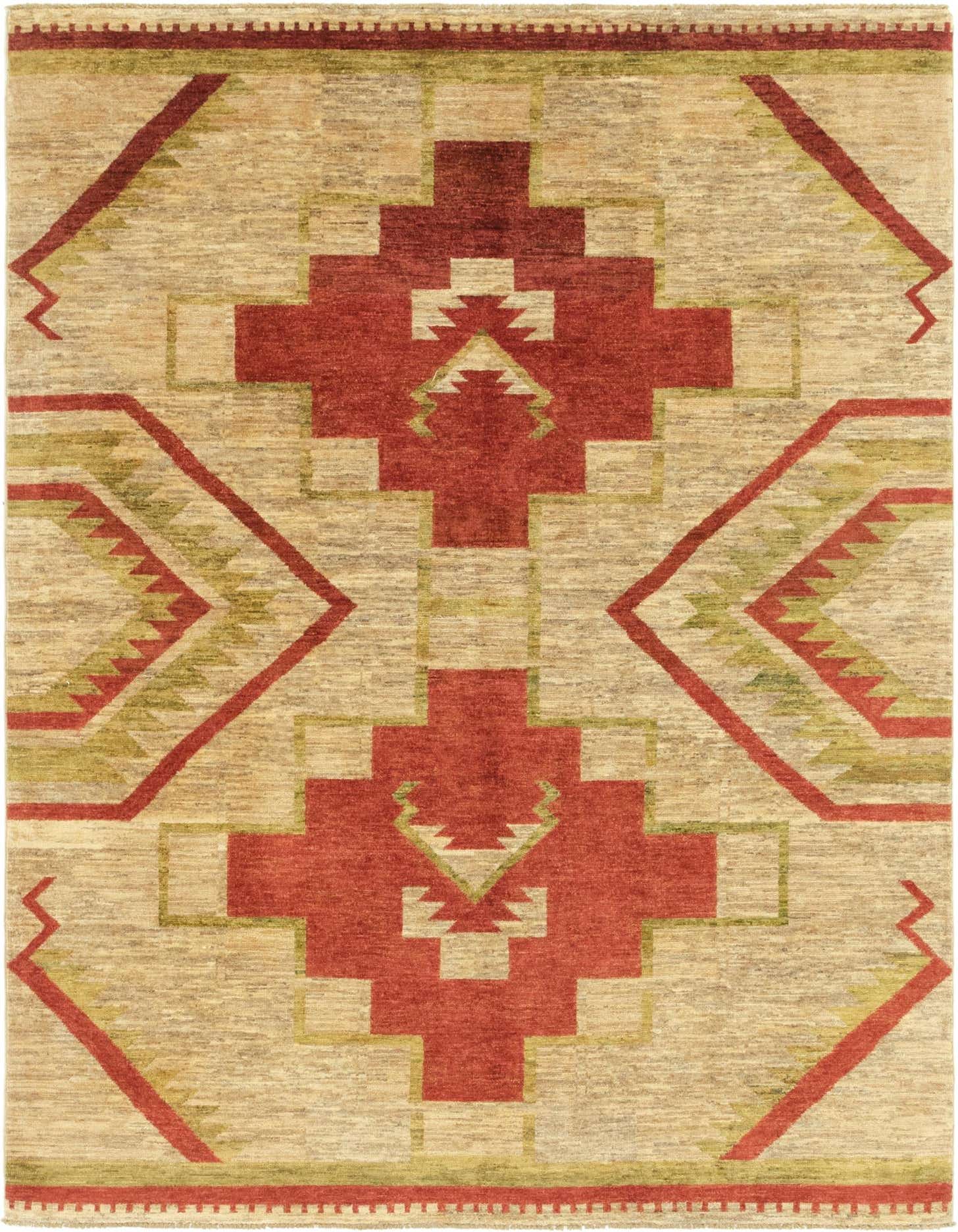 A 6x9 rectangular Modern Ziegler rug featuring a tribal medallion pattern in red, green, and tan.