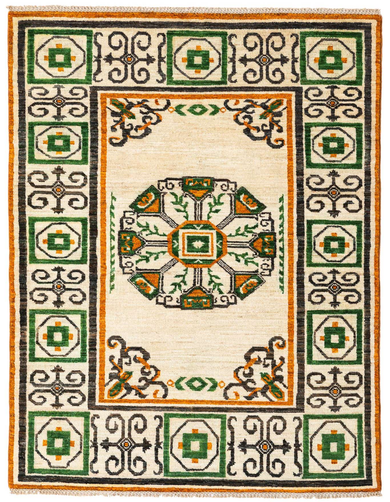 A 4x6 rectangular Modern Ziegler rug with a cream field, a central medallion, and a border in brown, green, and orange.