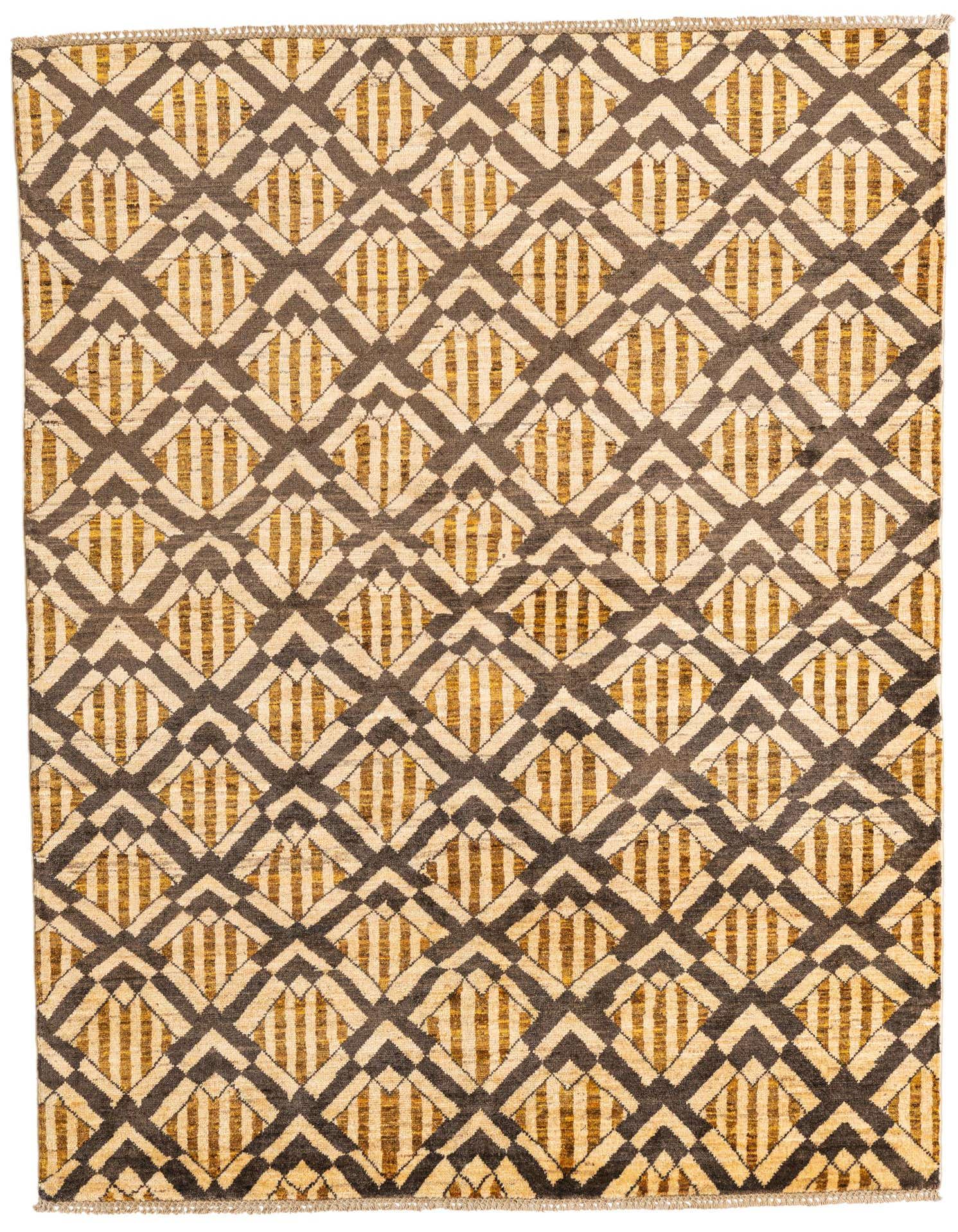 A 5x7 rectangular Modern Ziegler rug featuring a geometric pattern of brown and cream diamonds with tan vertical stripes.