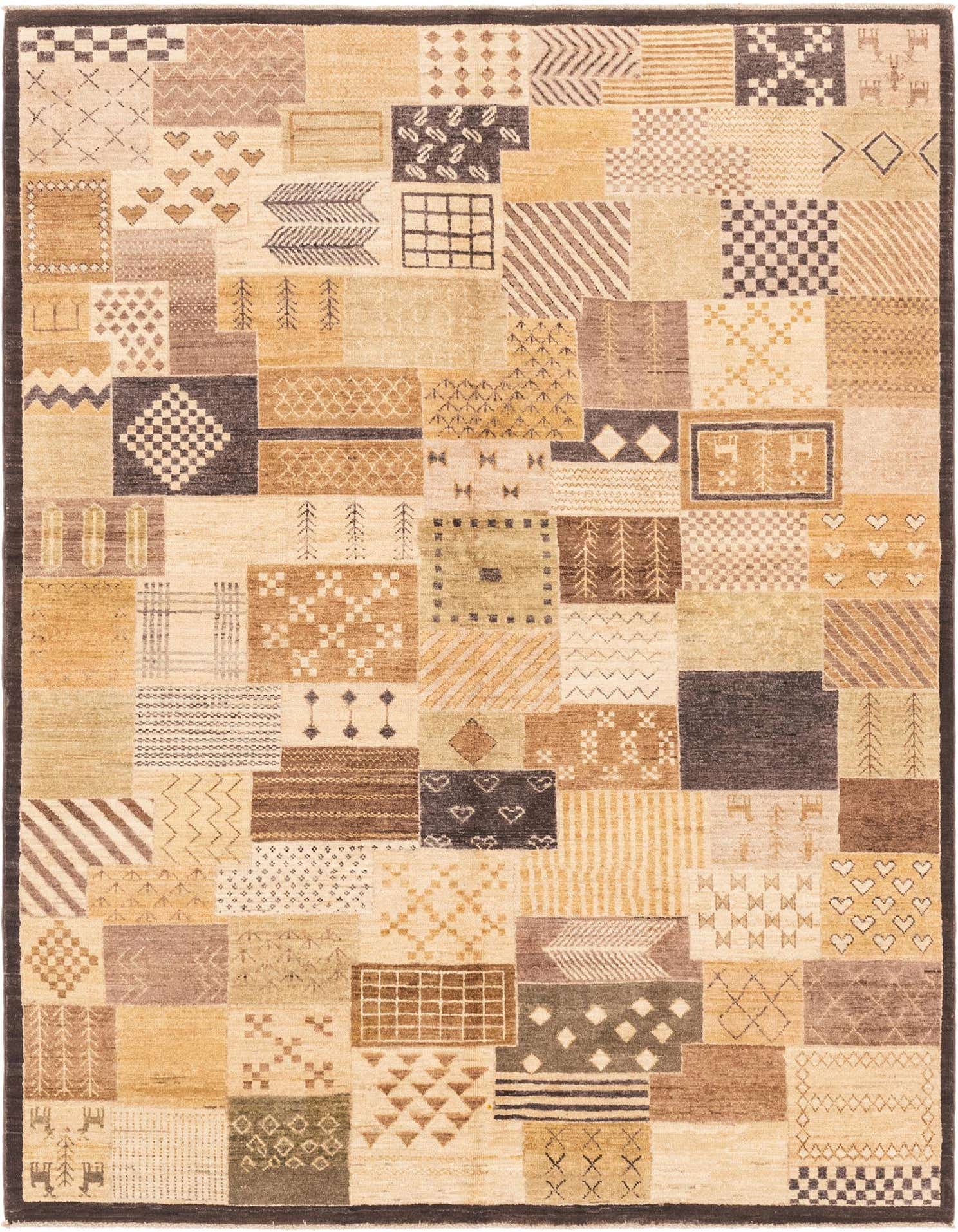 A 5x8 rectangular Modern Ziegler rug featuring a patchwork design with various tribal and abstract patterns in browns, tans, and ivories.