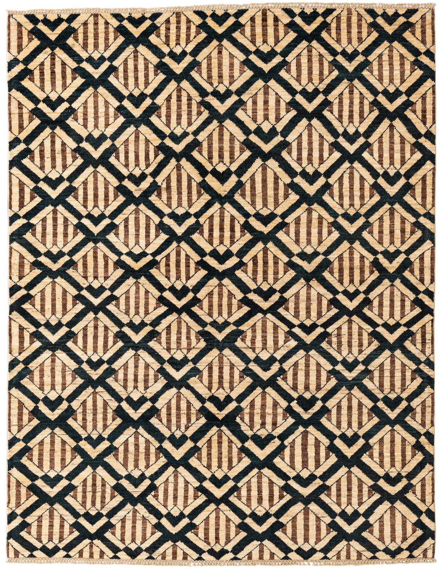A 5x7 rectangular Modern Ziegler rug featuring a geometric pattern of brown stripes within ivory diamonds, framed by dark brown V-shapes.