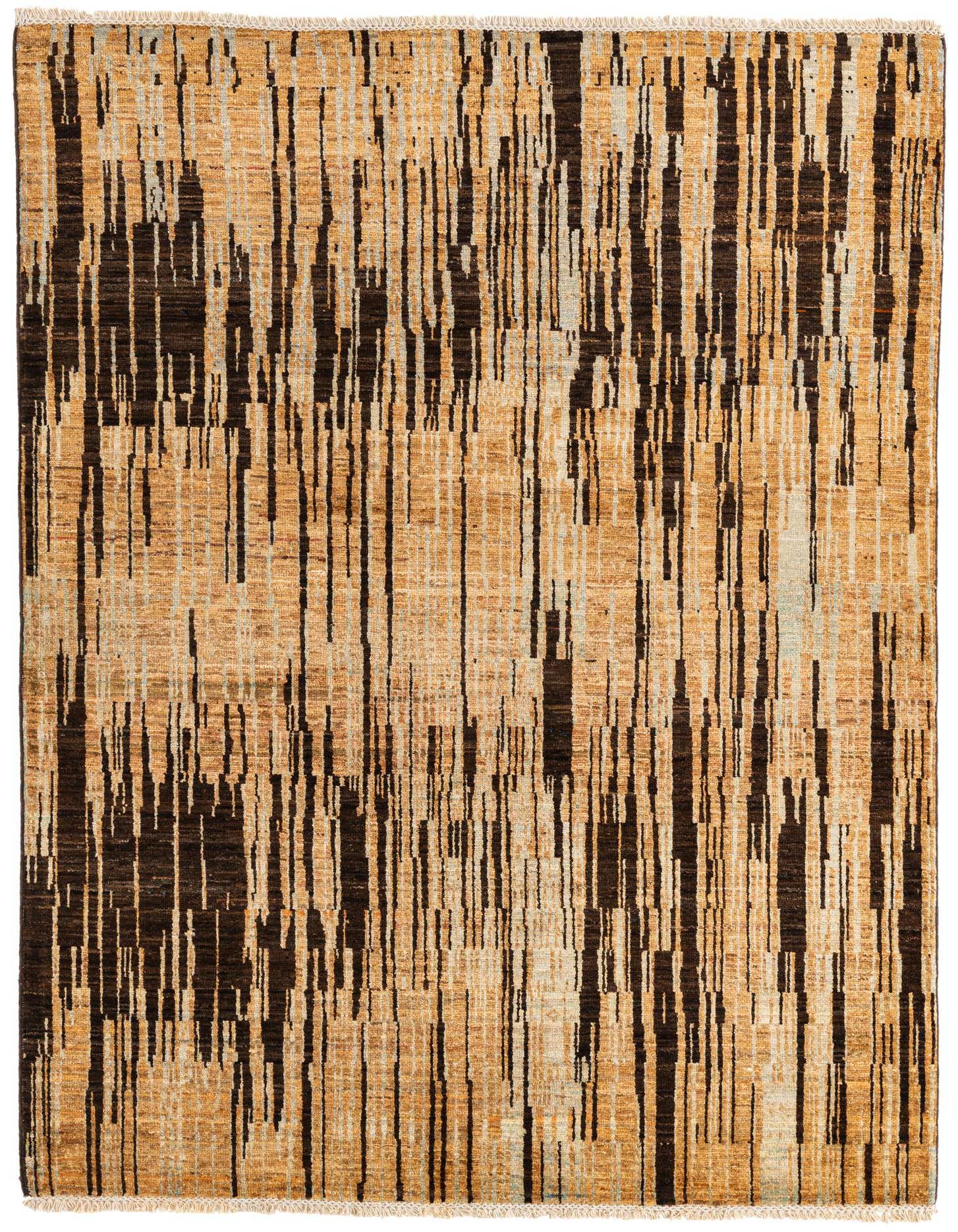 A 4x6 rectangular Modern Ziegler rug featuring an abstract pattern of dark brown and tan vertical lines on a cream background.