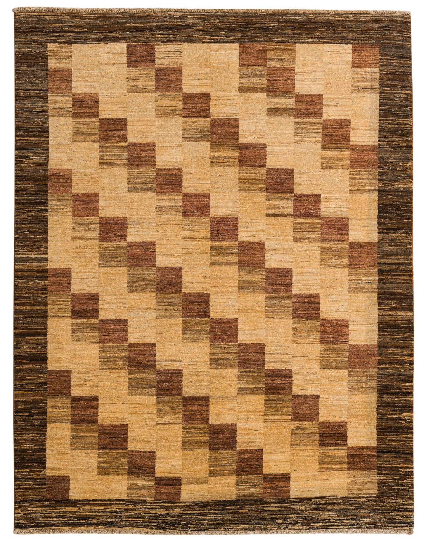 A 5x8 rectangular Modern Ziegler rug featuring a geometric pattern of varying brown and tan squares with a dark brown border.