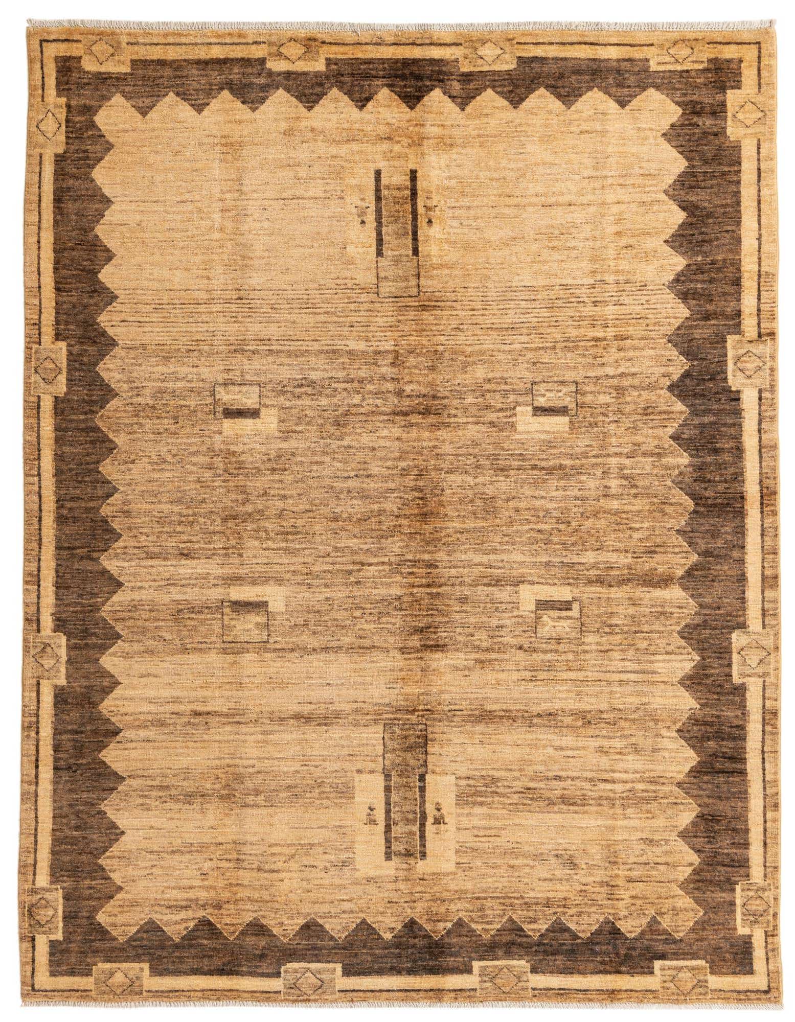 A 5x8 rectangular Modern Ziegler rug featuring a tan and brown abstract pattern with a jagged border, suitable for a living room.