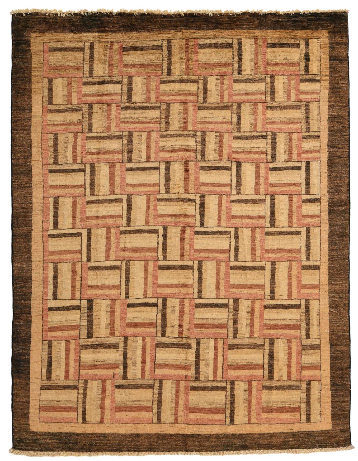 A 5x8 rectangular Modern Ziegler rug with a basketweave pattern in browns, tans, and ivories, featuring a dark brown border.