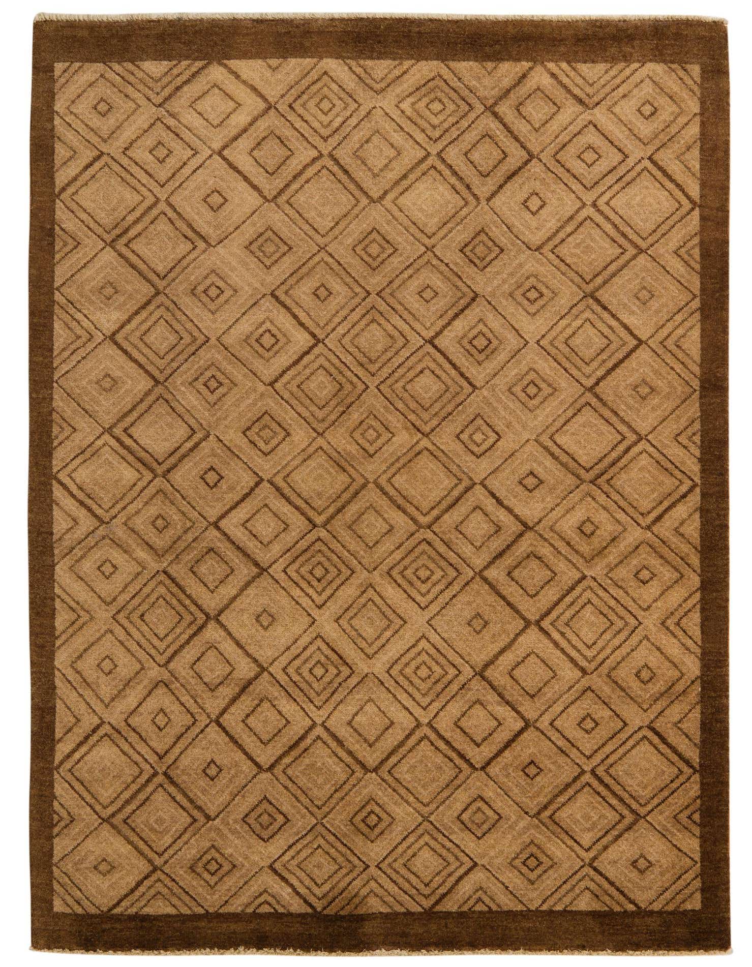 A 4x6 rectangular Modern Ziegler rug in brown and tan, featuring a geometric diamond pattern with a solid brown border.