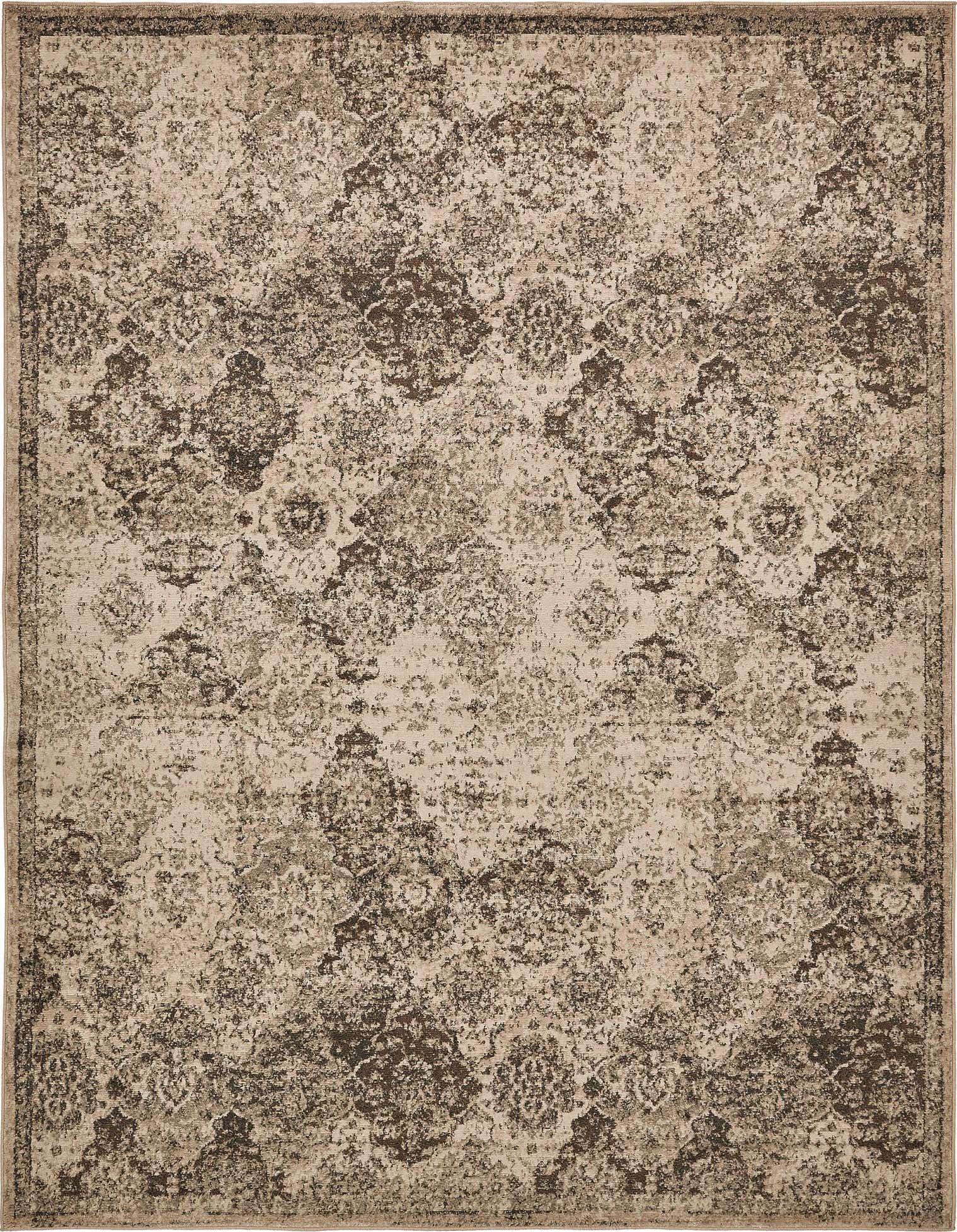 A 9x12 rectangular Rugs.com Mojave rug in shades of brown, tan, and cream, featuring a distressed traditional trellis pattern.