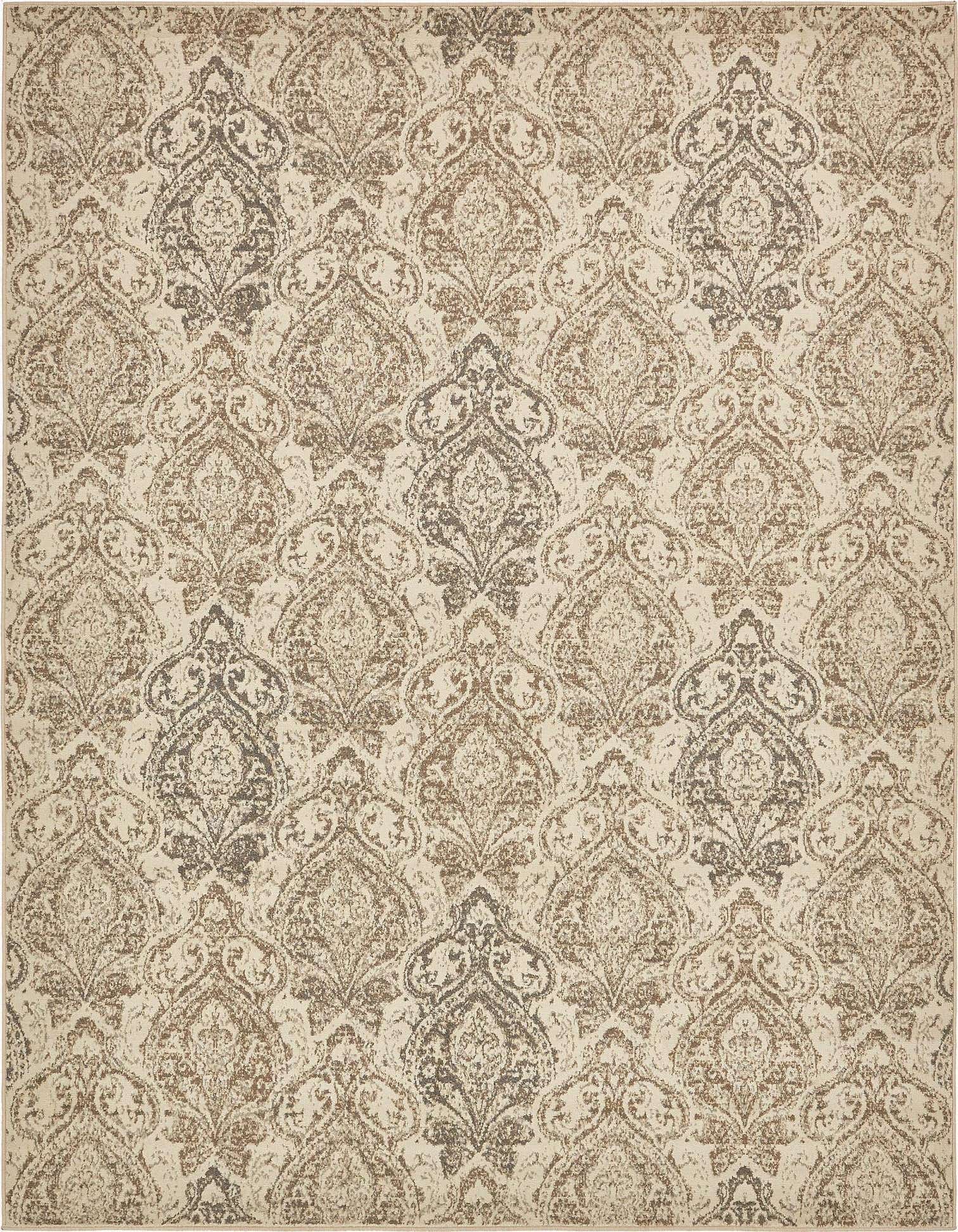 A 9x12 rectangular indoor rug featuring a traditional floral pattern in shades of brown, tan, and ivory.