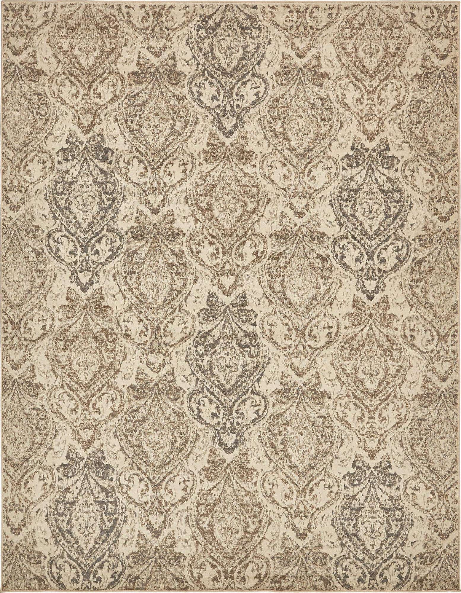 An 8x10 rectangular rug featuring a distressed traditional floral pattern in shades of brown, tan, and ivory.