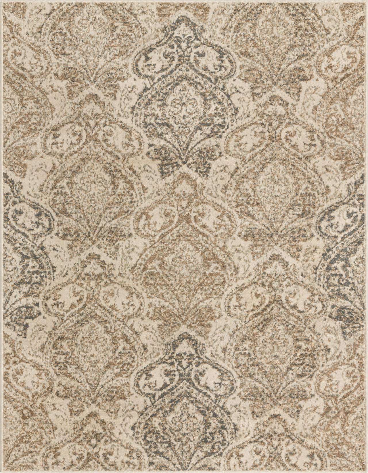 A rectangular 5x8 area rug featuring a distressed traditional floral pattern in shades of brown, tan, and cream.