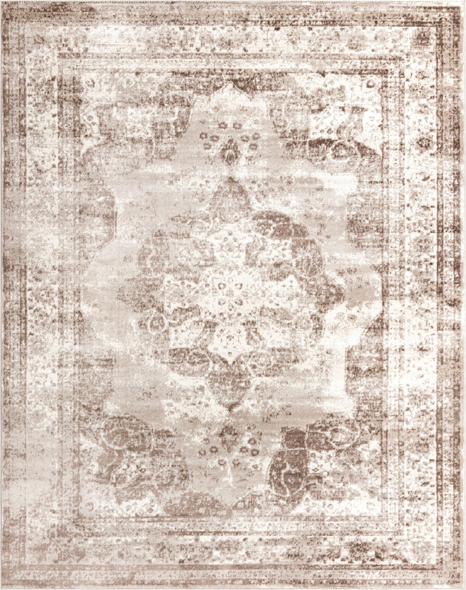 An 8x10 rectangular Monte Carlo rug featuring a distressed medallion pattern in shades of brown, tan, and ivory.