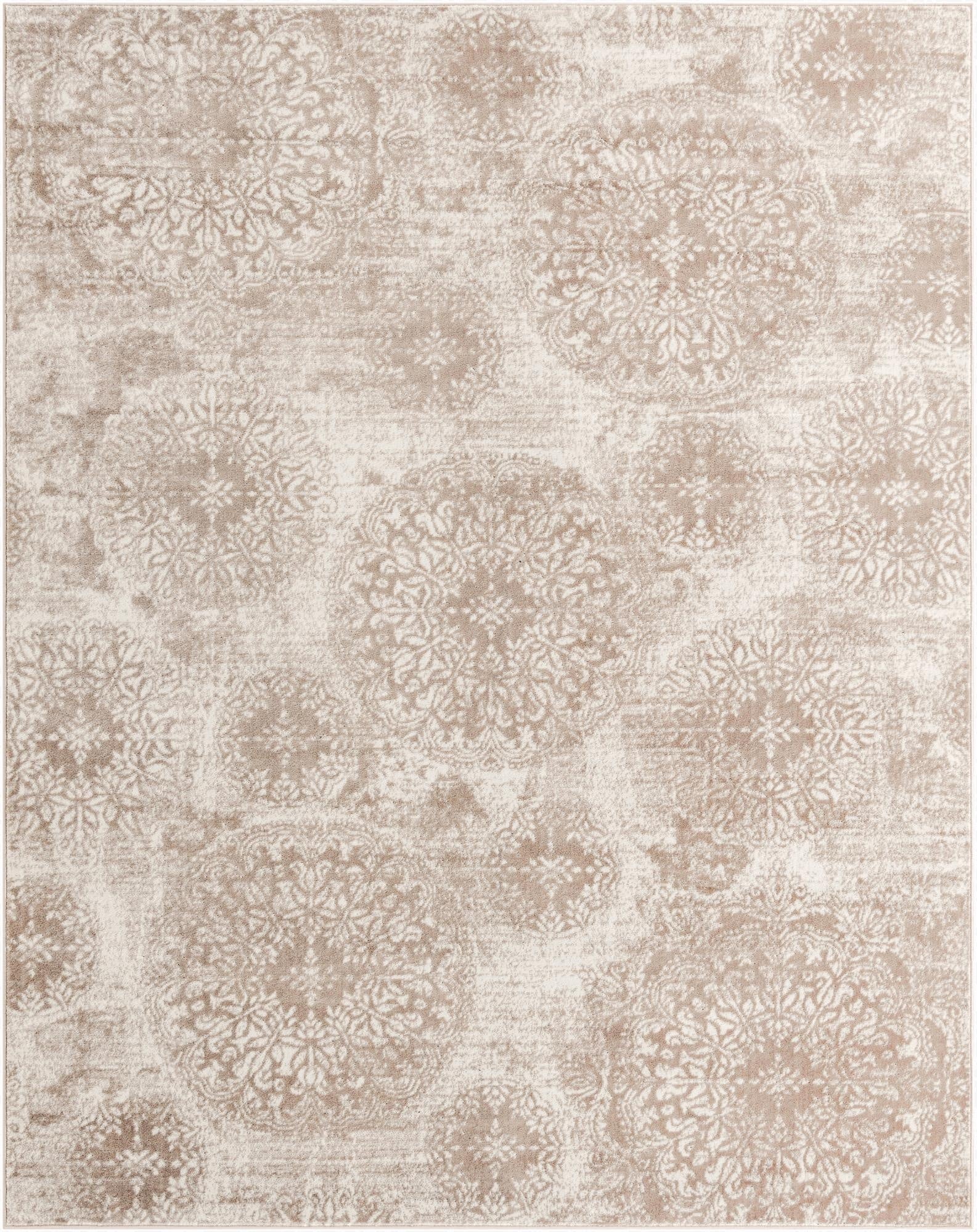 An 8x10 rectangular Monte Carlo rug featuring a distressed vintage floral pattern in shades of brown, tan, and cream.