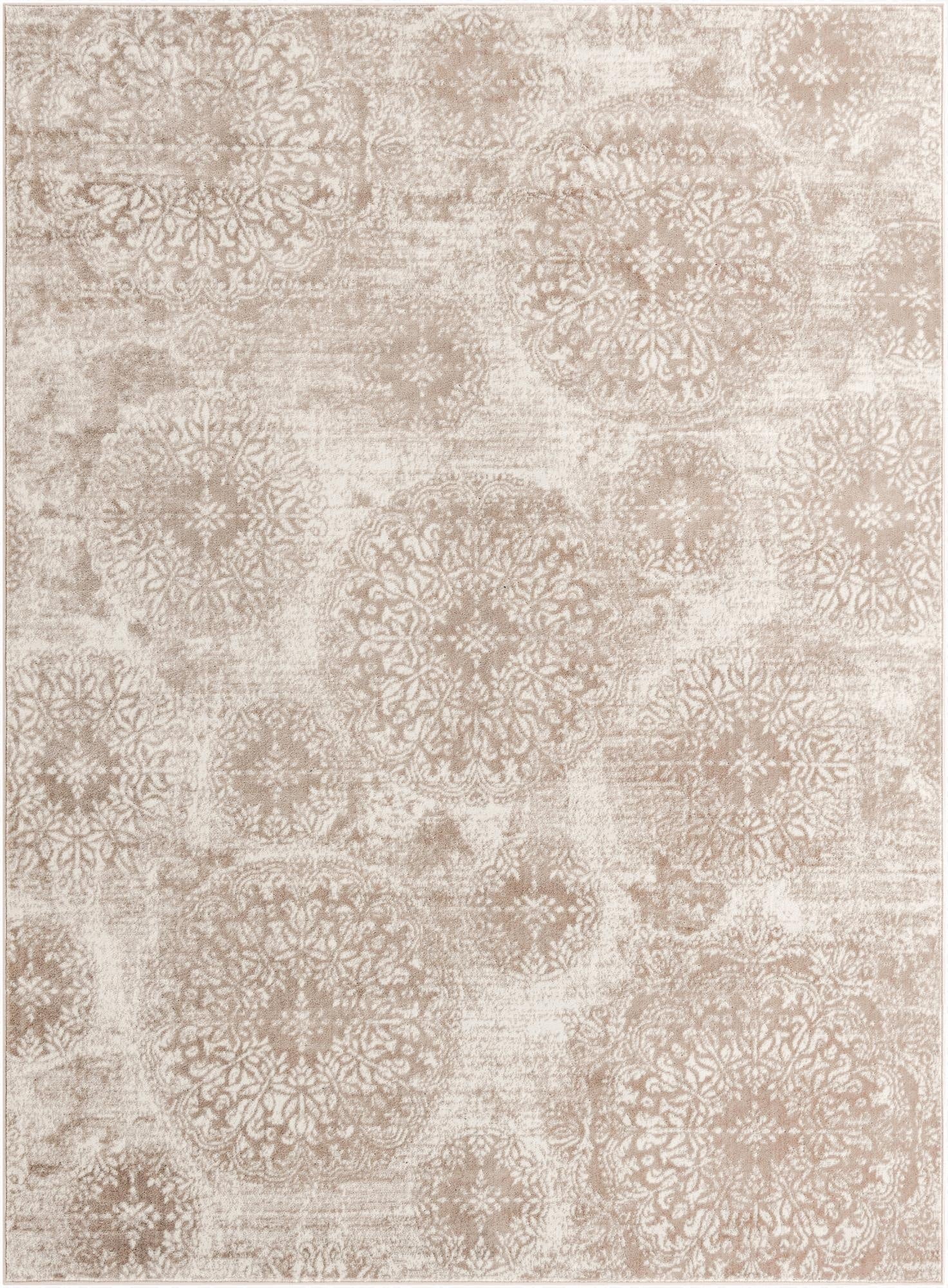 An 8x11 rectangular indoor rug featuring a distressed traditional floral medallion pattern in shades of brown, tan, and cream.