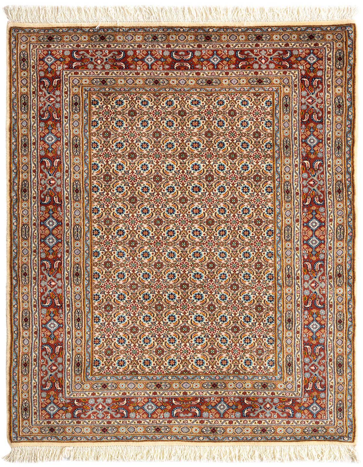 A rectangular 3x5 Persian wool rug with a detailed pattern in browns, tans, ivories, and creams, featuring a central medallion-like design and intricate borders.