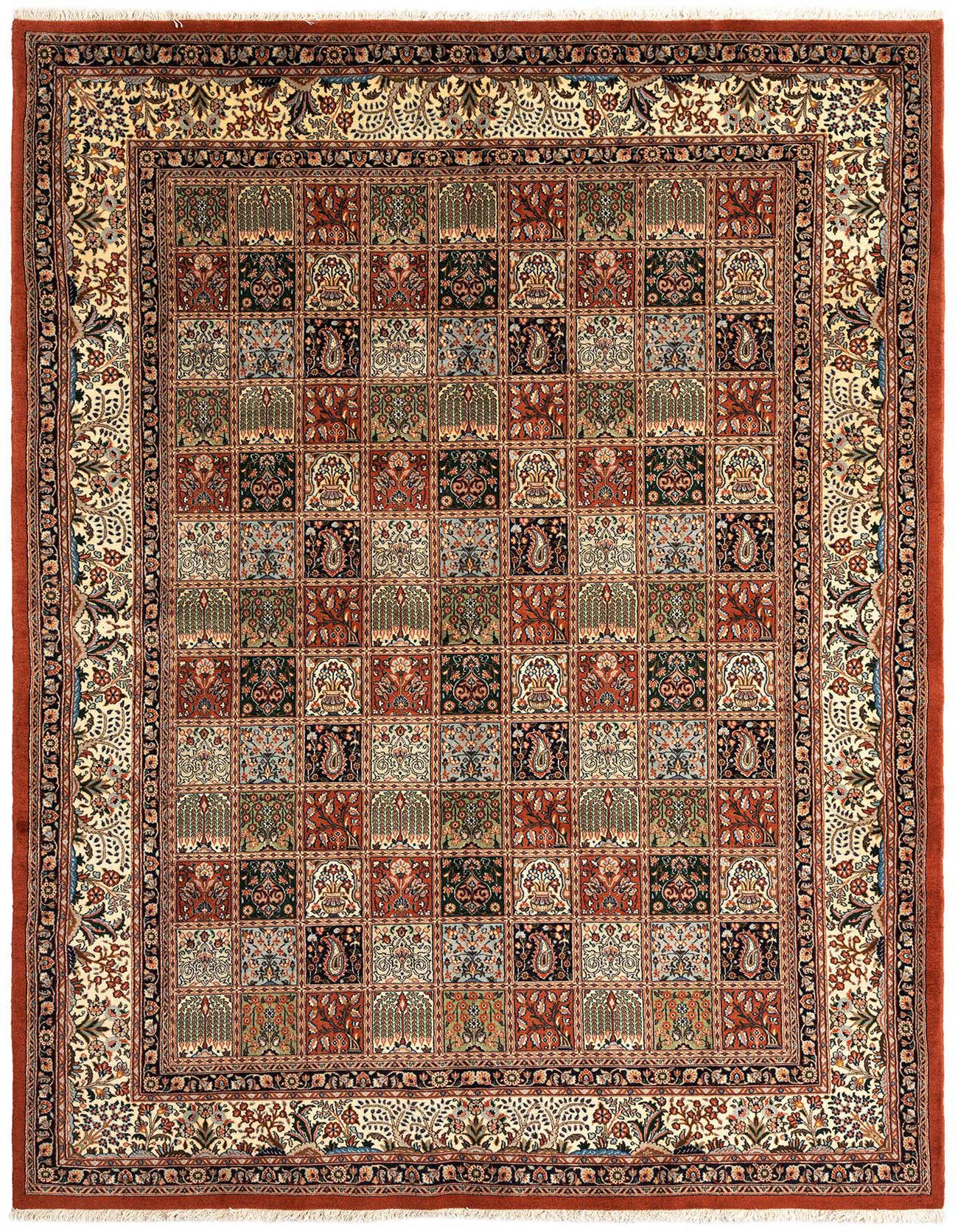 A 7x10 rectangular Persian rug featuring an intricate grid of floral and paisley motifs in browns, tans, and creams, with a detailed border.