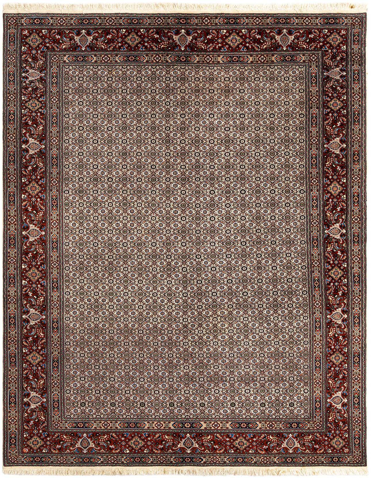 A 6x9 rectangular Persian rug with a cream field and intricate brown, tan, and ivory floral patterns, featuring a rich red border.