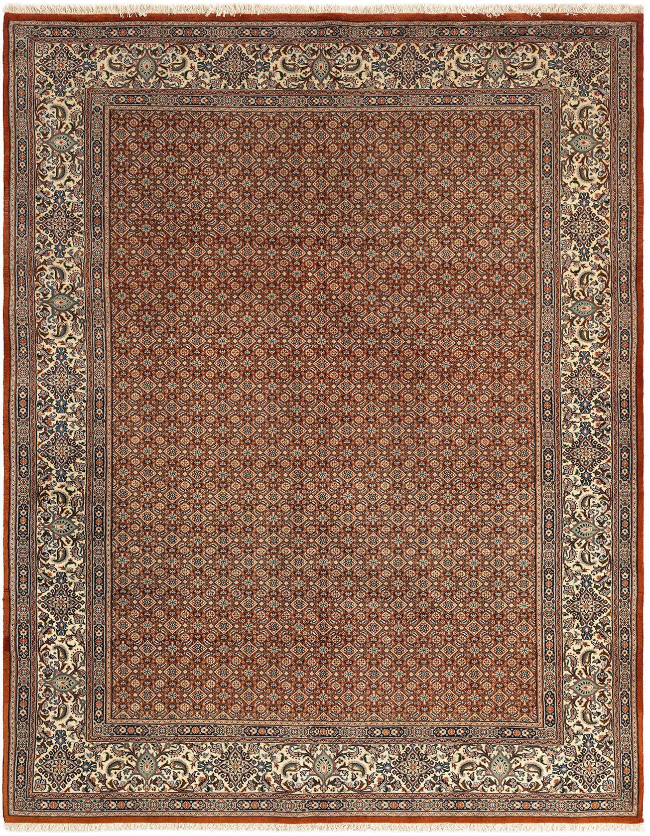 A 7x10 rectangular Mood collection Persian rug featuring a rich brown field with intricate floral patterns and an ivory border.