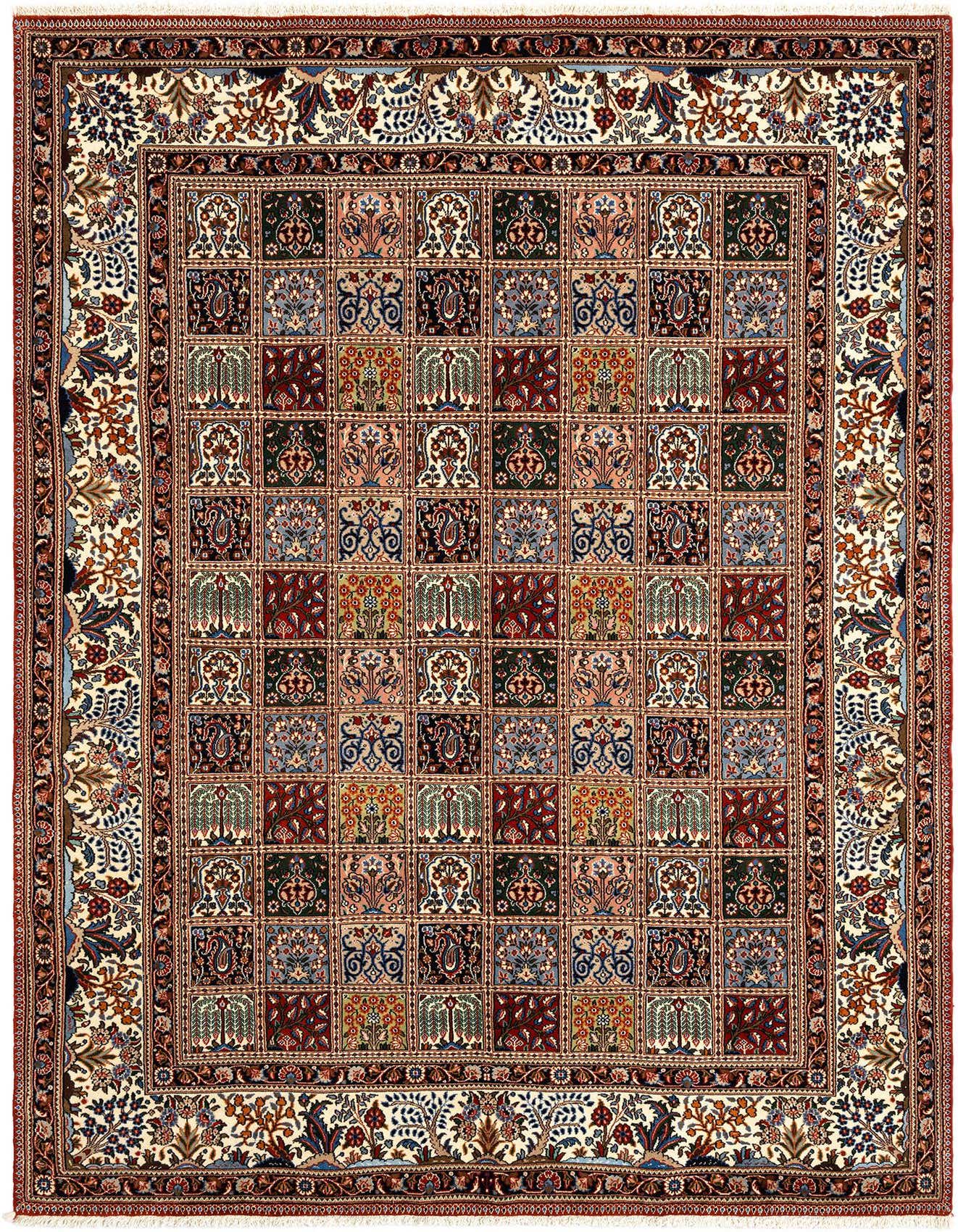 A 7x10 rectangular Mood Persian wool rug featuring a grid of intricate floral and paisley motifs in browns, tans, and creams, with a decorative border.