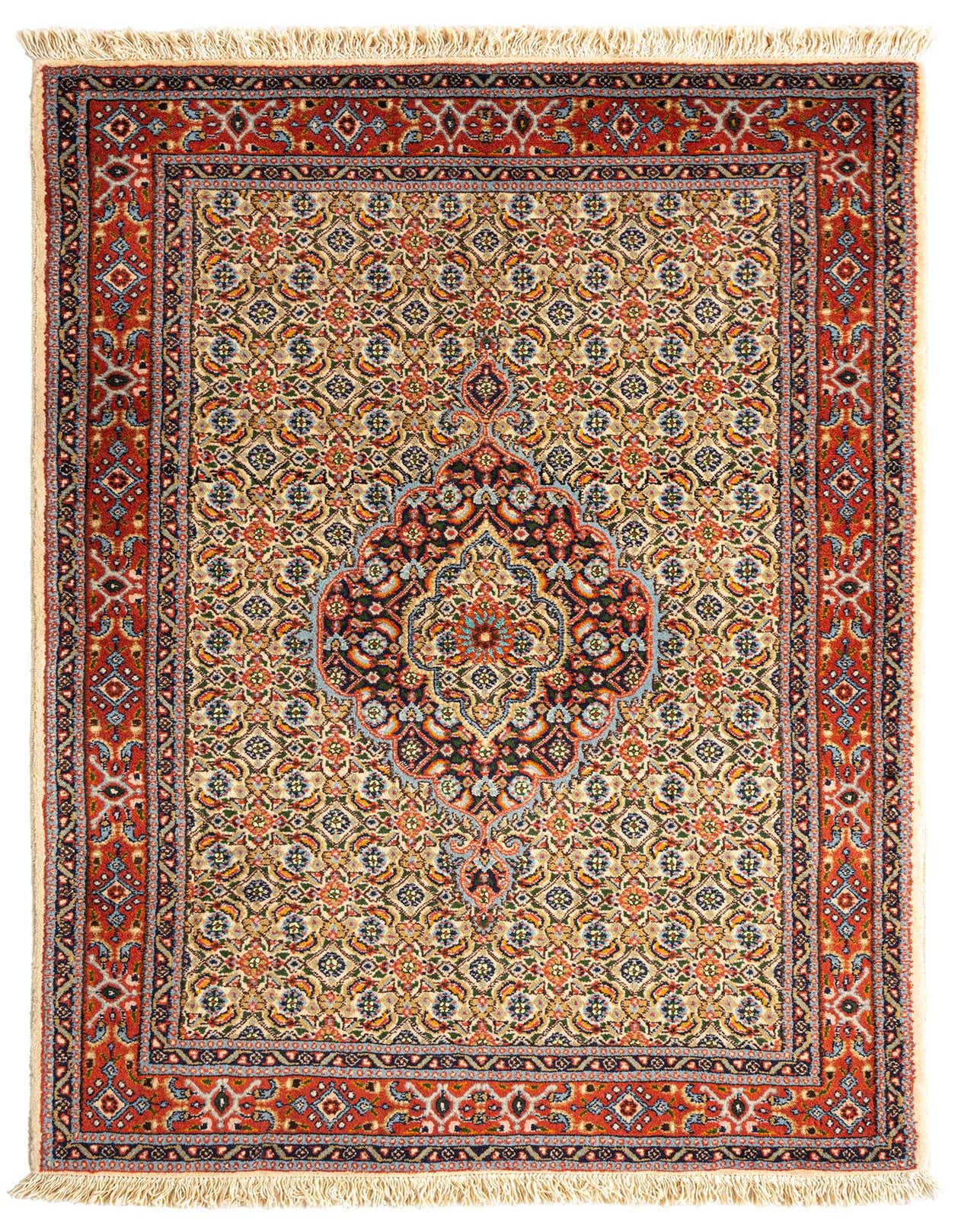 A rectangular 3x5 Persian rug with a central medallion, featuring intricate patterns in brown, tan, ivory, and cream tones, with a distinct red border.