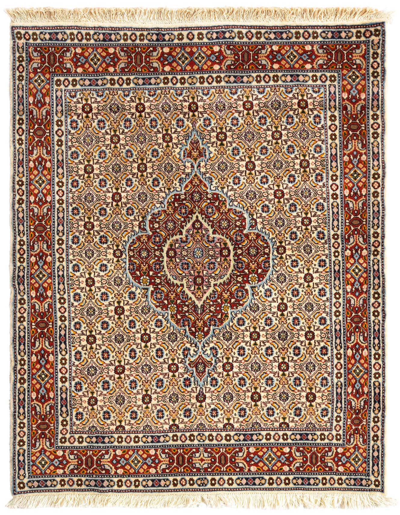A 3x5 rectangular Mood Collection Persian rug with a cream background, intricate brown and ivory patterns, and a central medallion.