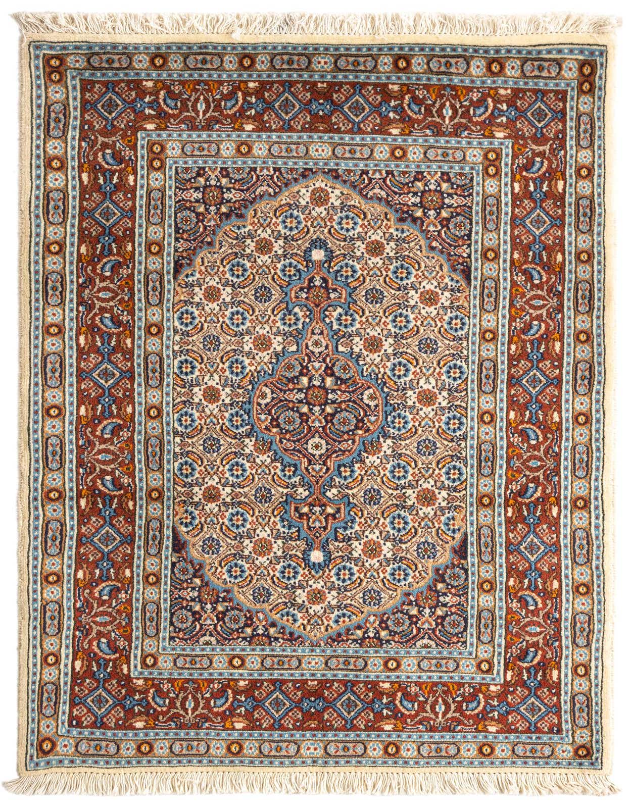 A rectangular 3x4 Mood Persian rug from Rugs.com, featuring intricate brown, tan, and ivory patterns with a central medallion and fringed edges.