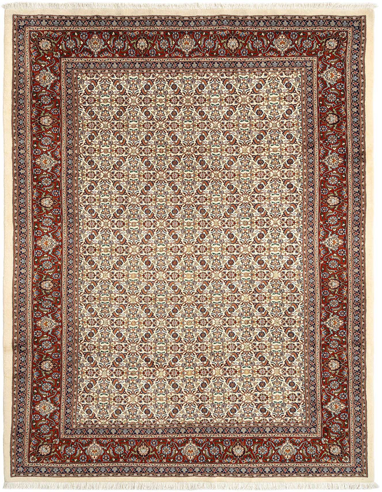 A 7x10 rectangular Mood Persian rug with an ivory field and intricate brown, tan, and cream floral patterns, bordered by a rich reddish-brown frame with complementary designs.