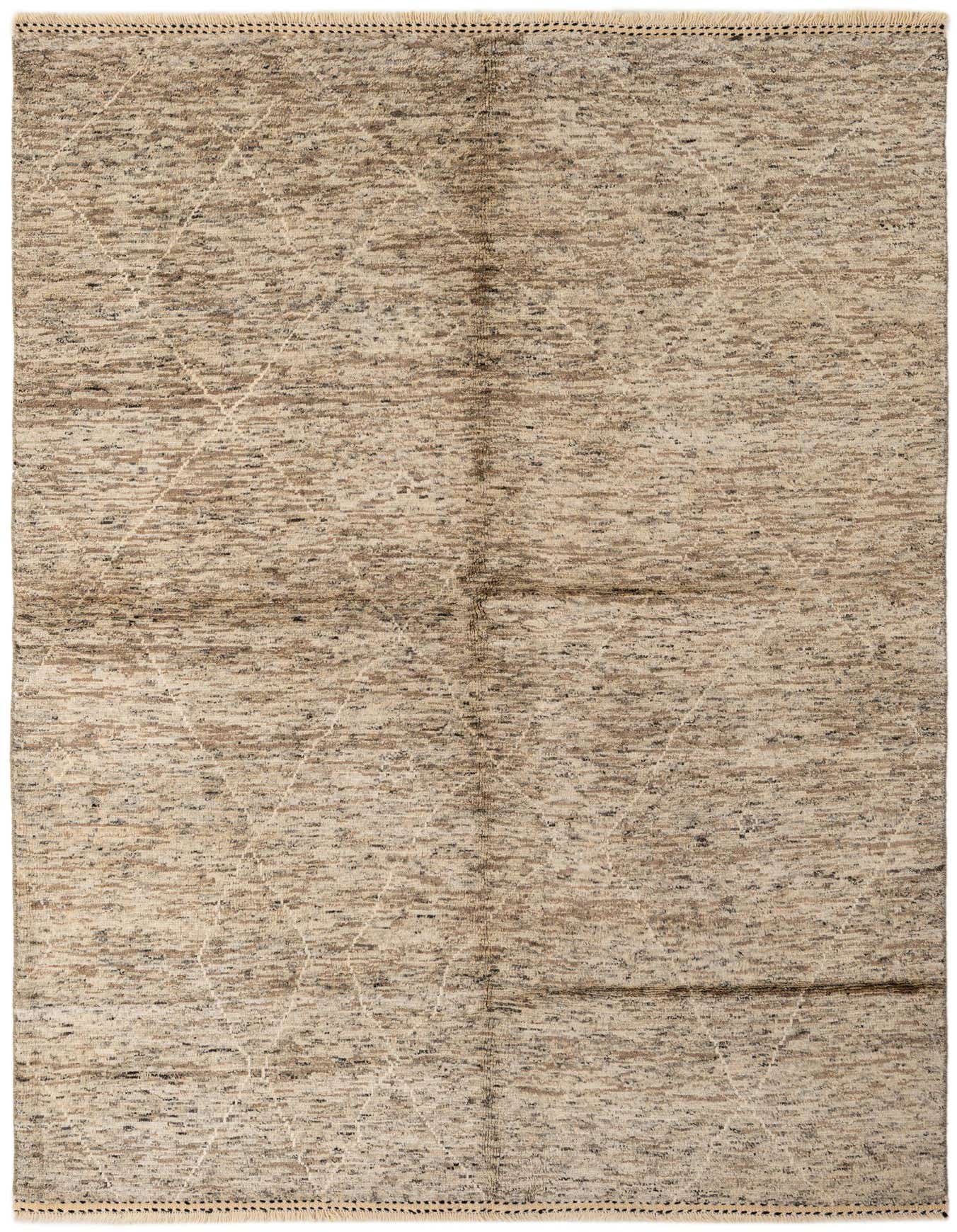 A 5x8 rectangular Moroccan tribal rug in shades of brown, tan, and cream, featuring subtle diamond patterns.