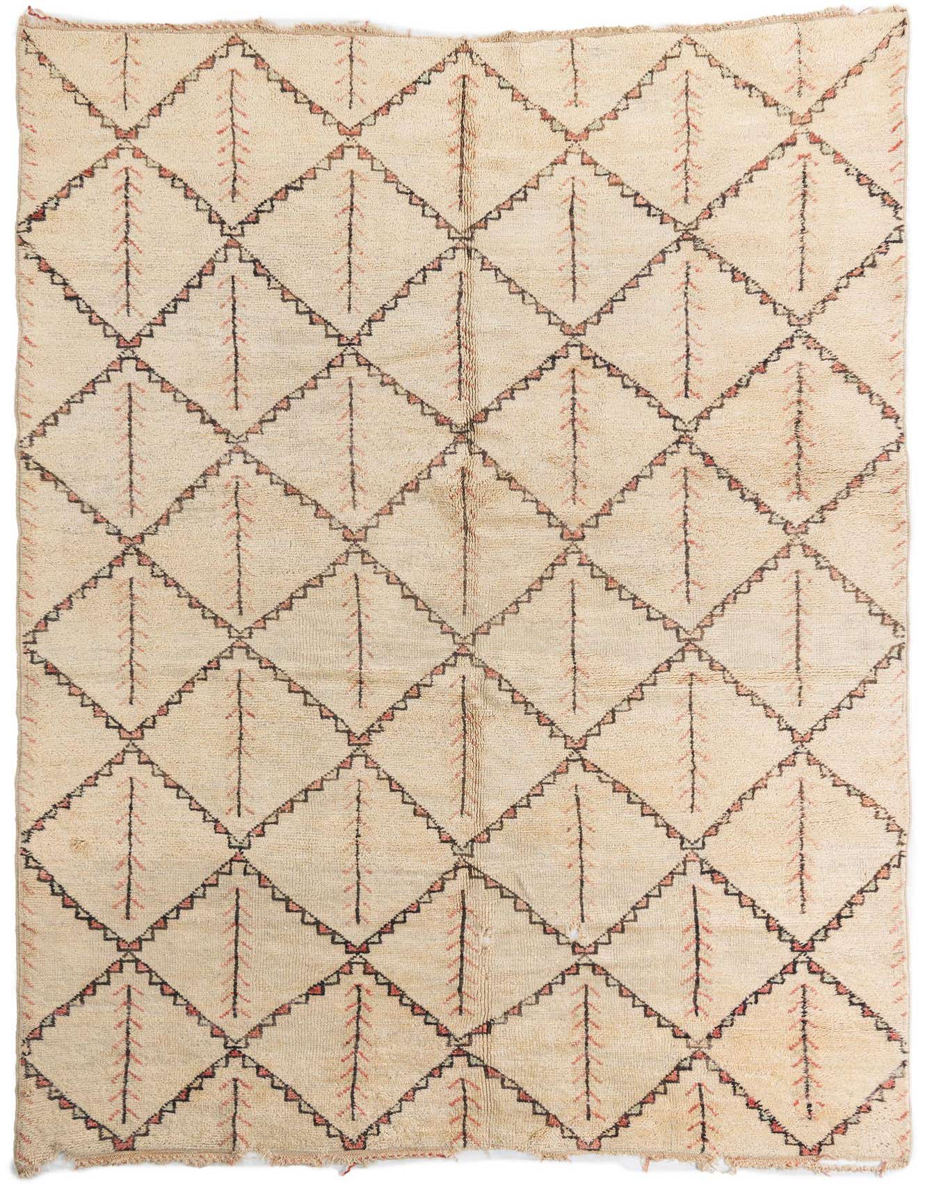 A 7x10 rectangular Moroccan shag rug in cream with a tribal diamond pattern in brown and subtle pink accents.